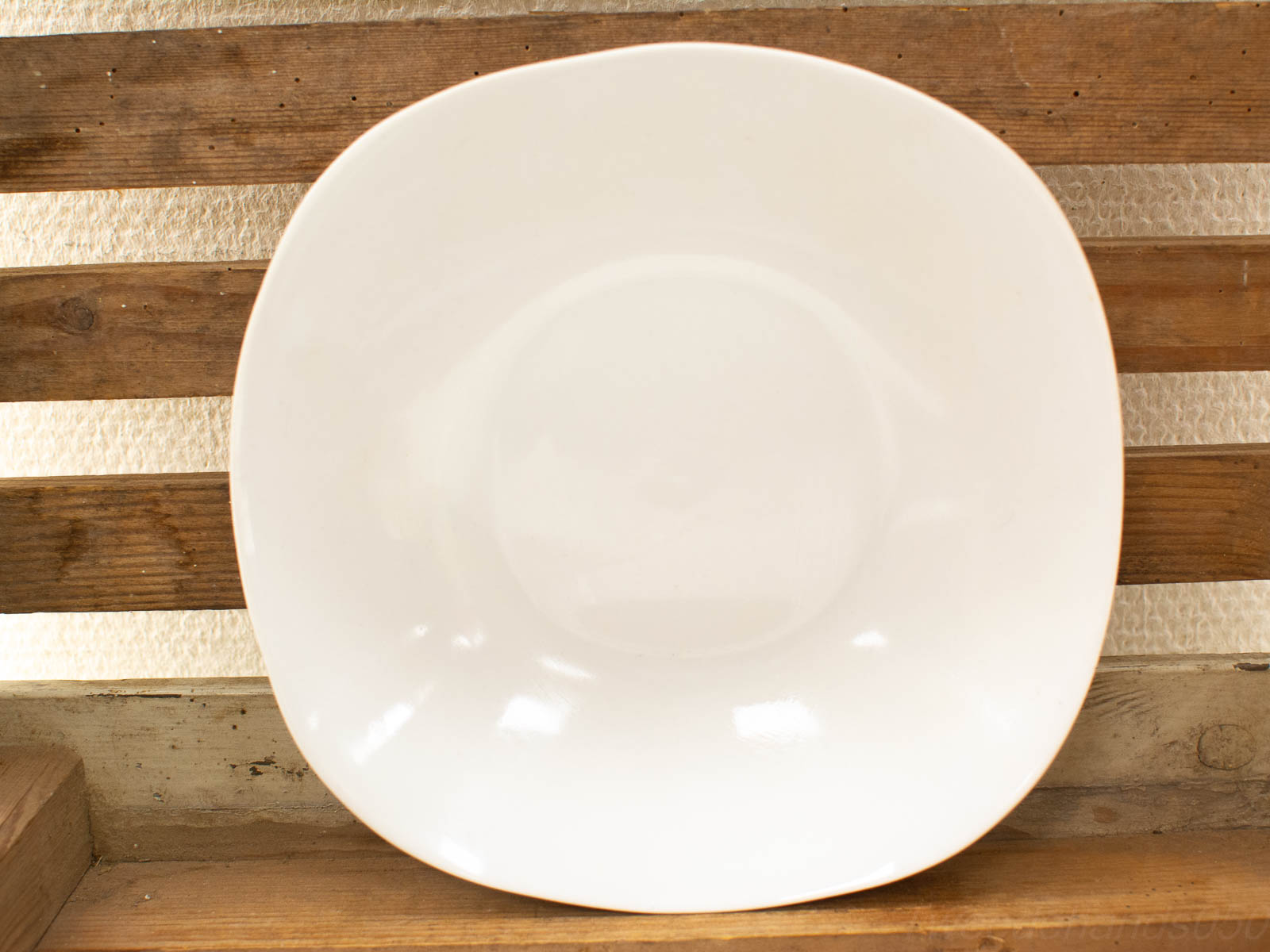 Elegant white plate on rustic wood, blending modern design with warm, inviting charm.