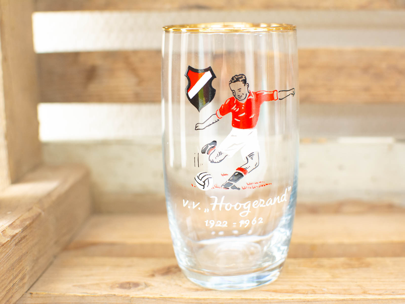 Vintage Hoogerand soccer glass, 1922-1962, celebrates soccer history with vibrant design and elegance.