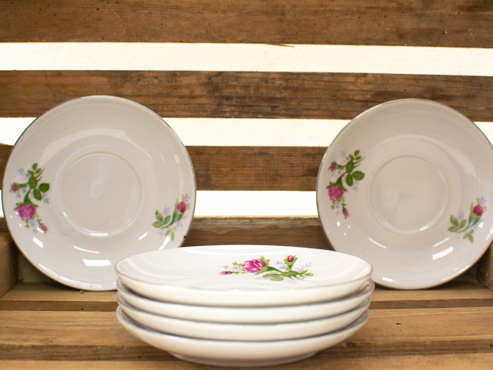 Elegant floral porcelain plates on rustic wood, perfect for charming dining decor.