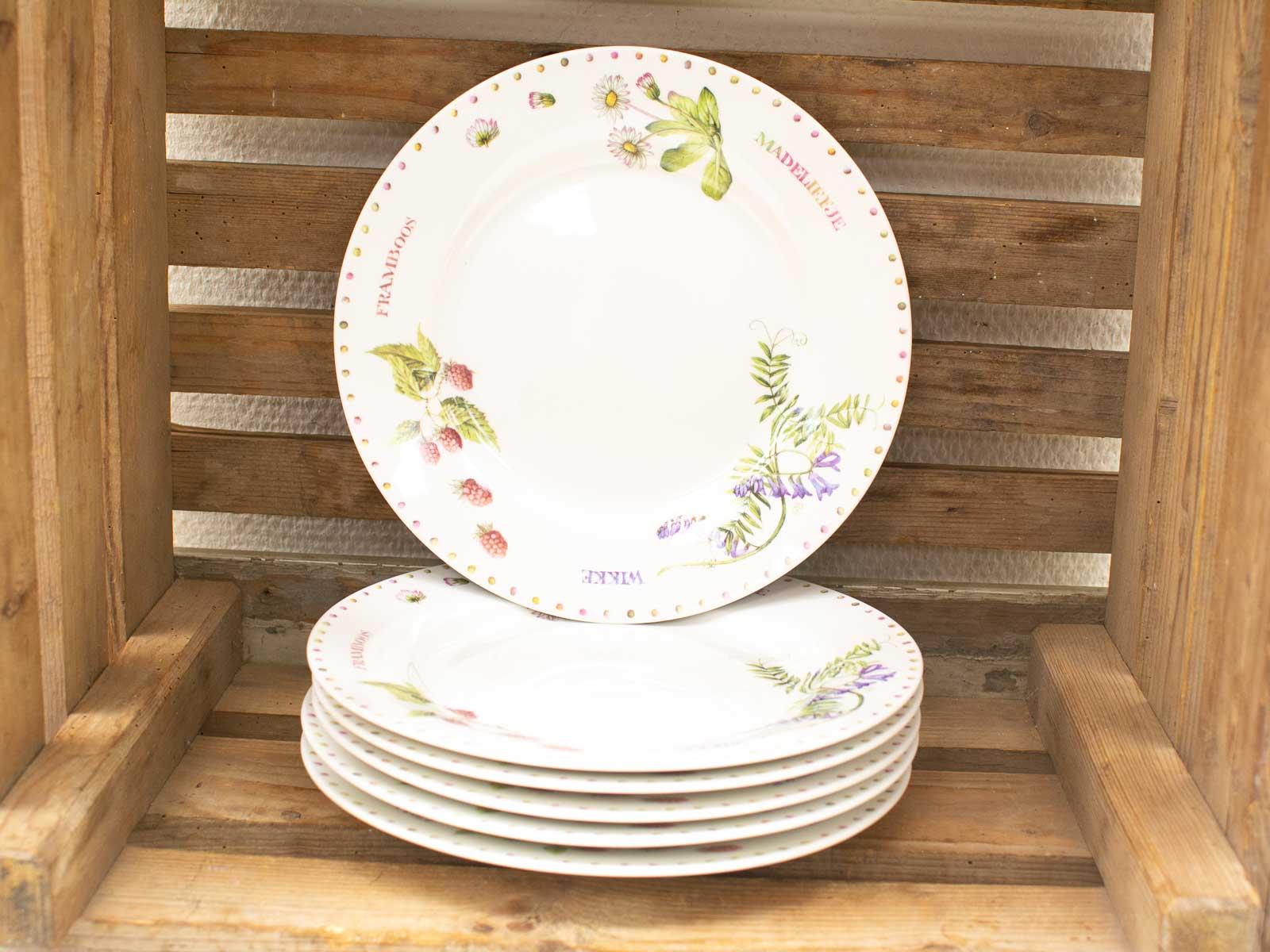 Rustic vintage plates in a wooden crate, featuring elegant botanical designs and soft pastel colors.