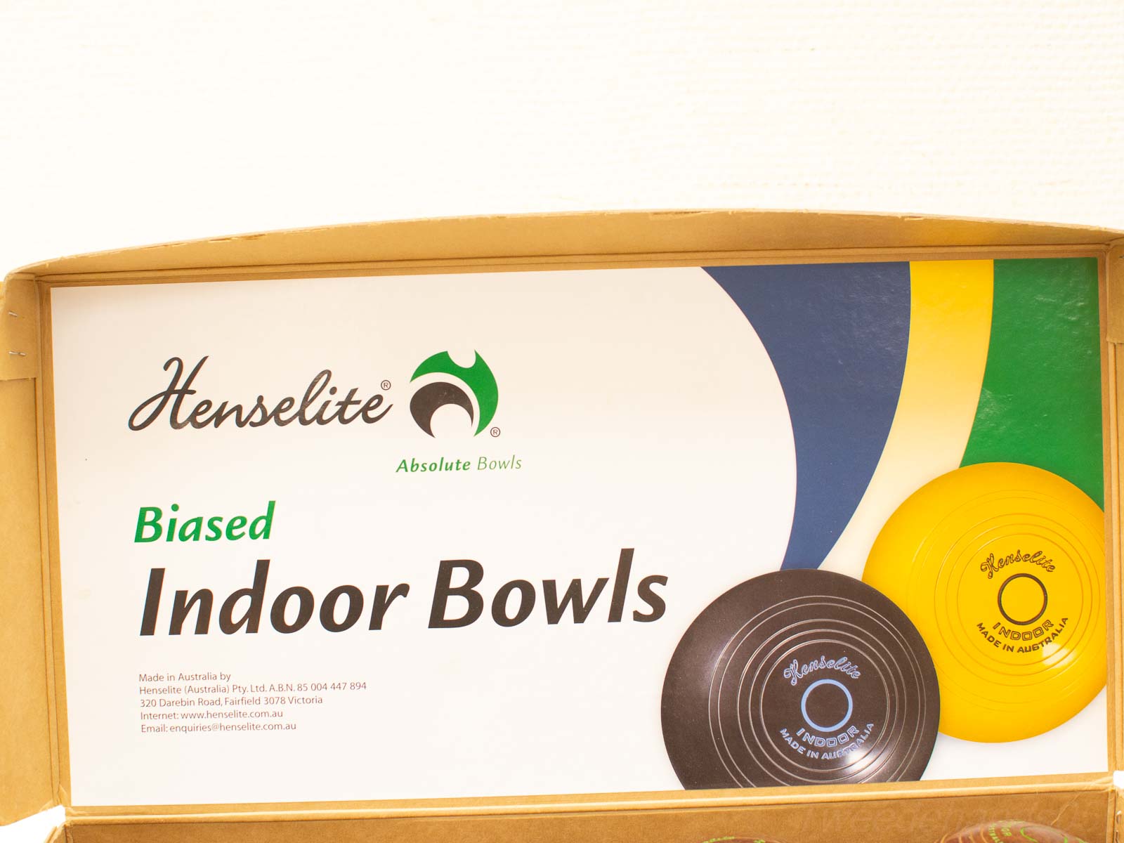 Henselite indoor biased bowls set, vibrant colors, durable design for quality indoor bowling.