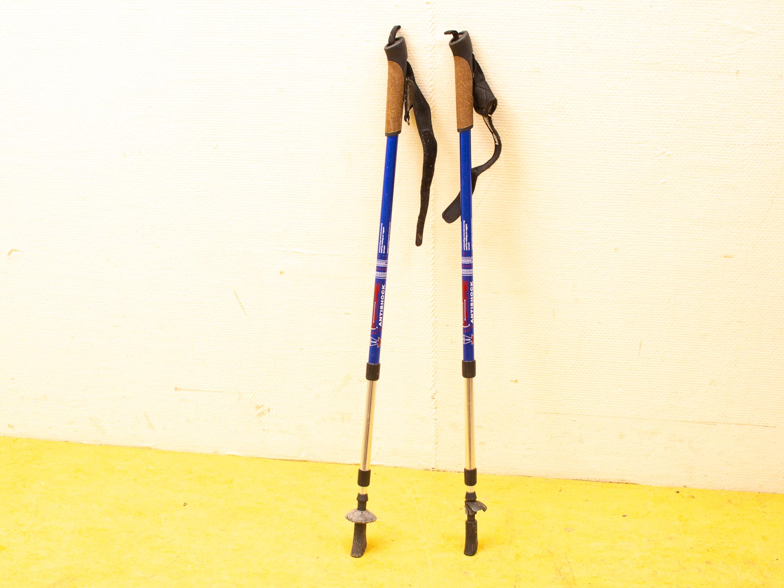 Stylish blue trekking poles with ergonomic grips, adjustable lengths, and rubber tips for stability.