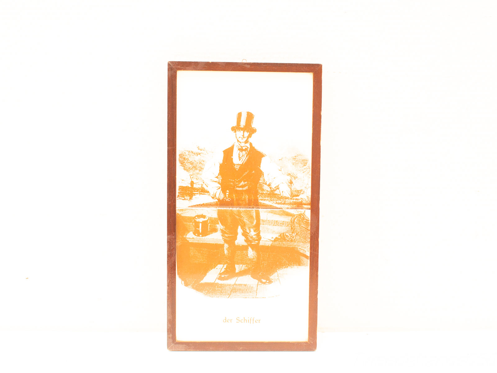 Vintage maritime portrait of a confident boatman in orange from the 19th century.