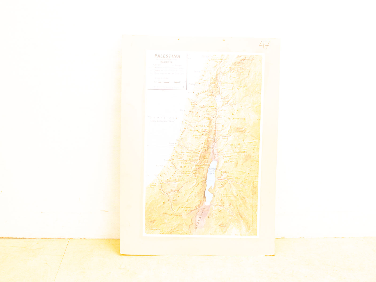 1947 relief map of Palestine highlighting its terrain and significant cultural locations.