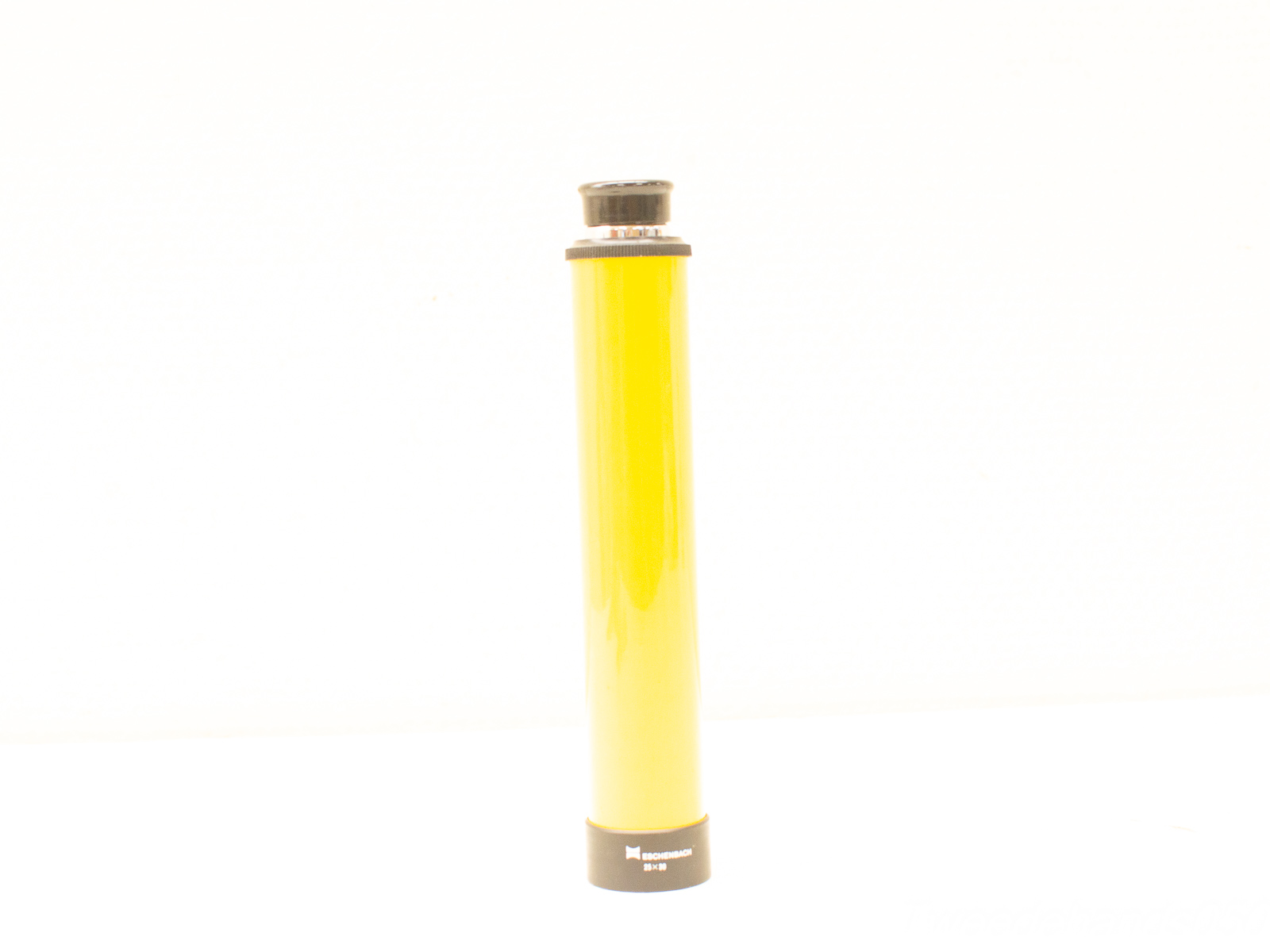 Vibrant yellow cylindrical container with dark cap and branding band, combining style and functionality.