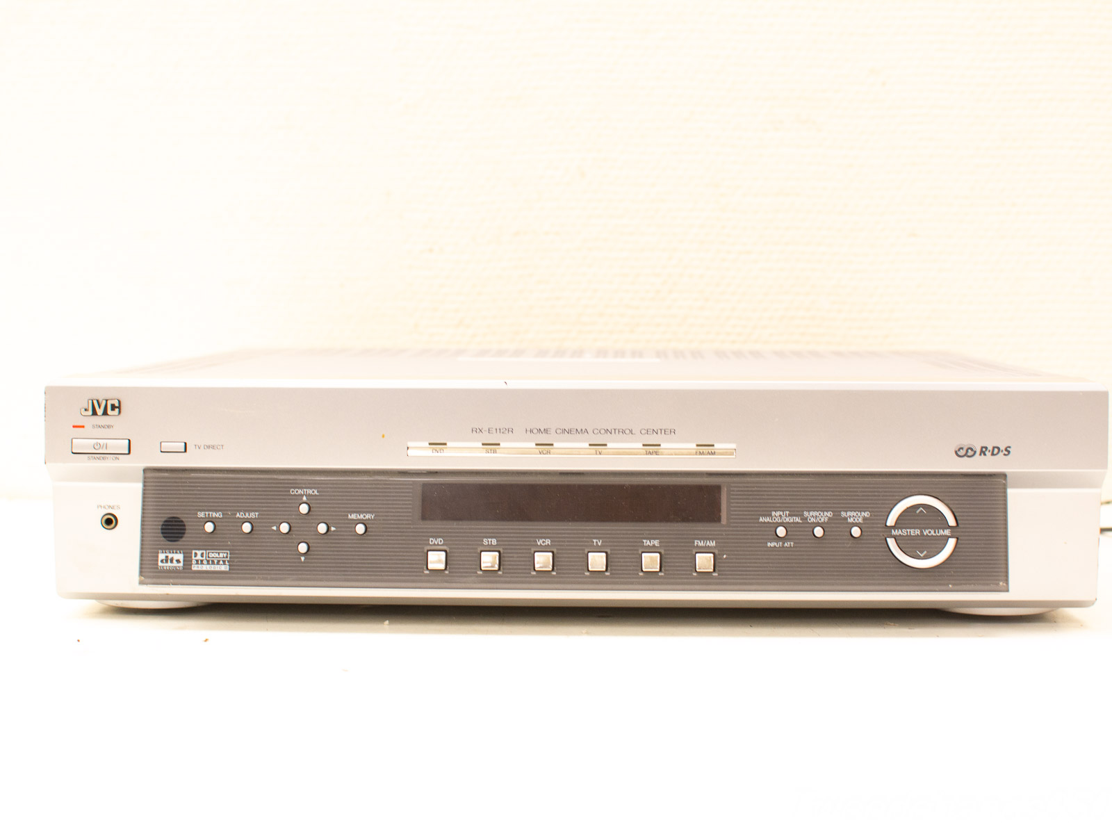 Sleek JVC RX-E112R home cinema controller for immersive audio-visual entertainment in silver.