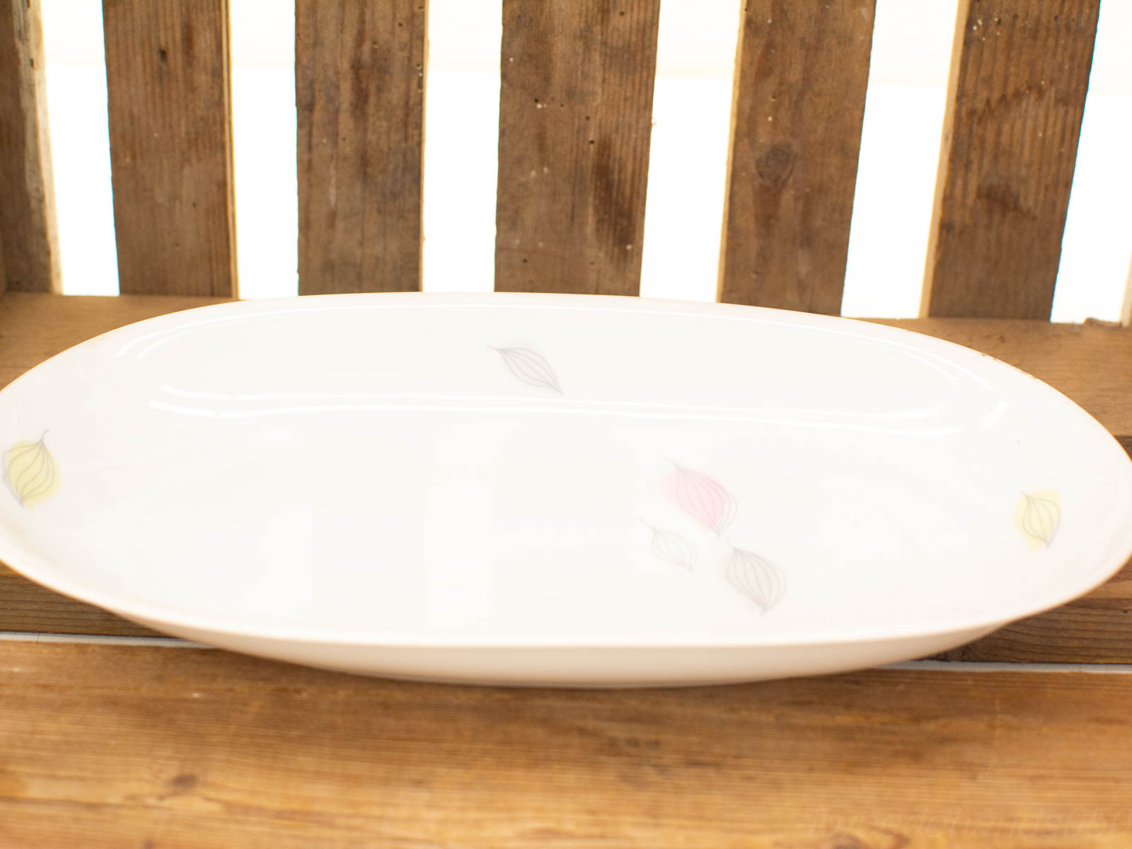 Elegant oval serving dish with pastel leaf design on rustic wooden surface. Perfect for any occasion.