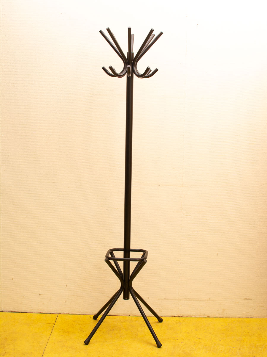 Sleek black metal coat rack for stylish organization in home or office spaces.