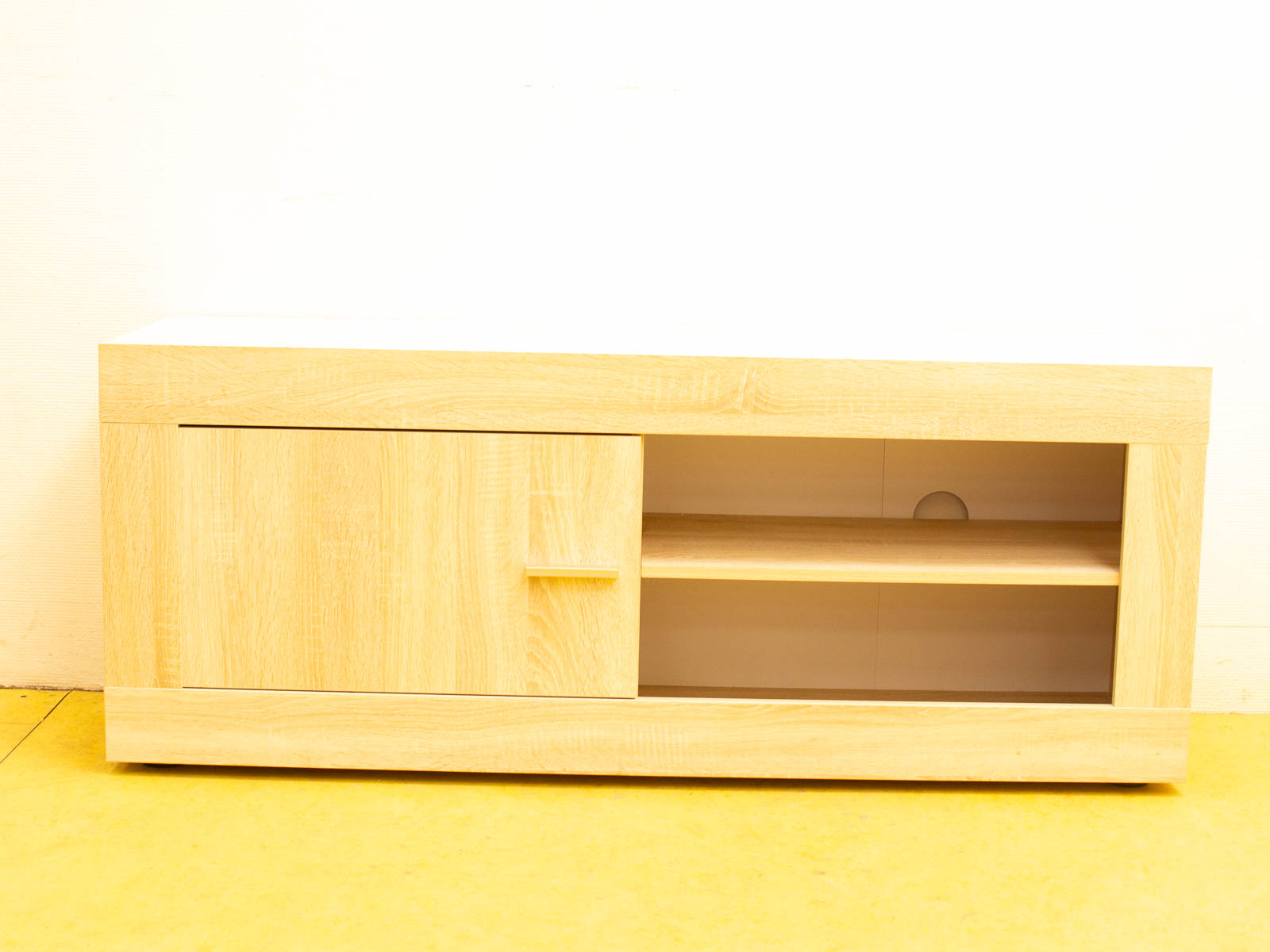 Sleek modern wooden cabinet with open shelves and hidden storage, perfect for minimalist decor.