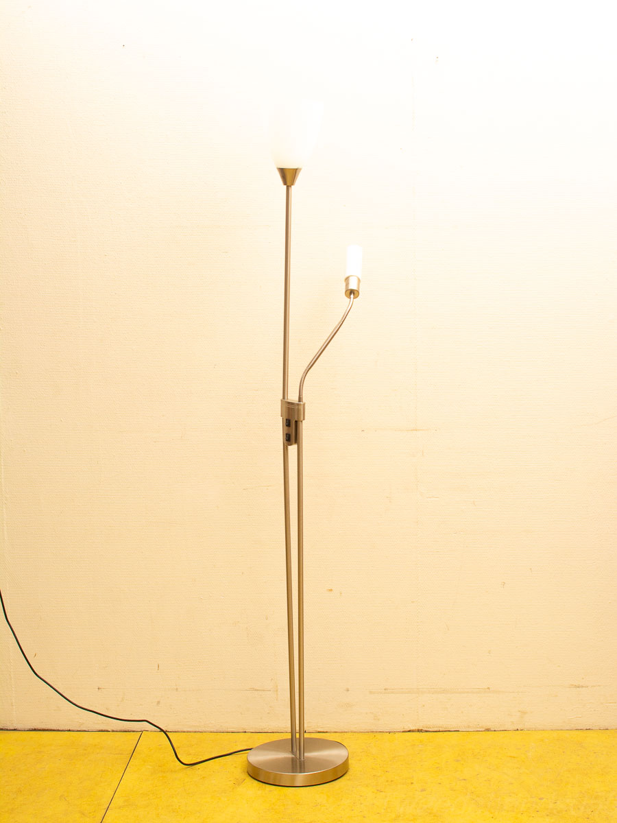 Sleek modern floor lamp with flexible reading light and elegant frosted glass shade.