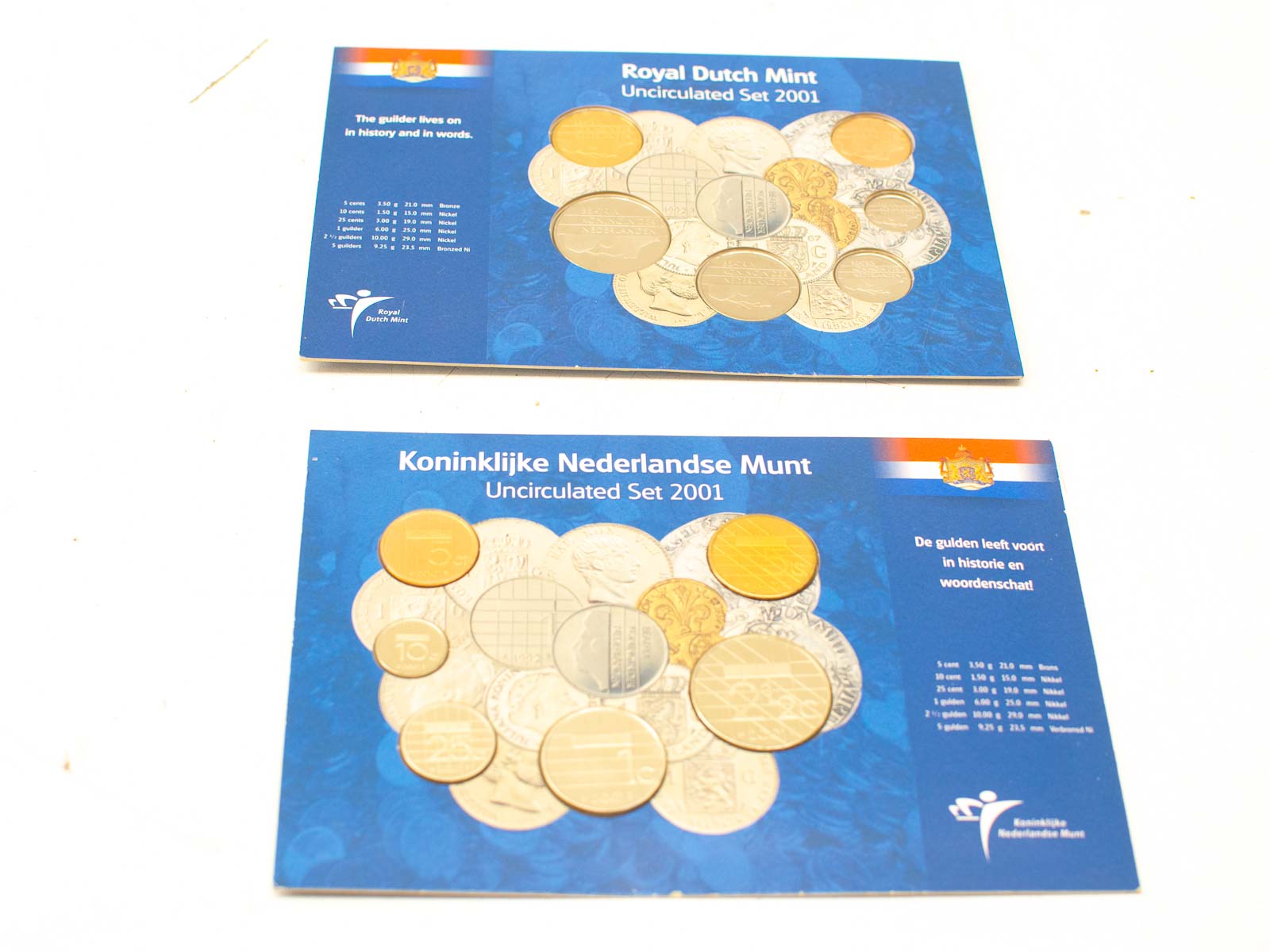 Bilingual Royal Dutch Mint Uncirculated Coin Set 2001 cards showcasing Dutch guilder denominations.