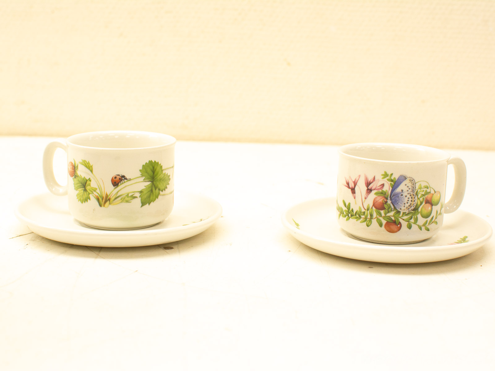 Charming vintage porcelain tea cups with nature designs: ladybug and butterfly motifs.