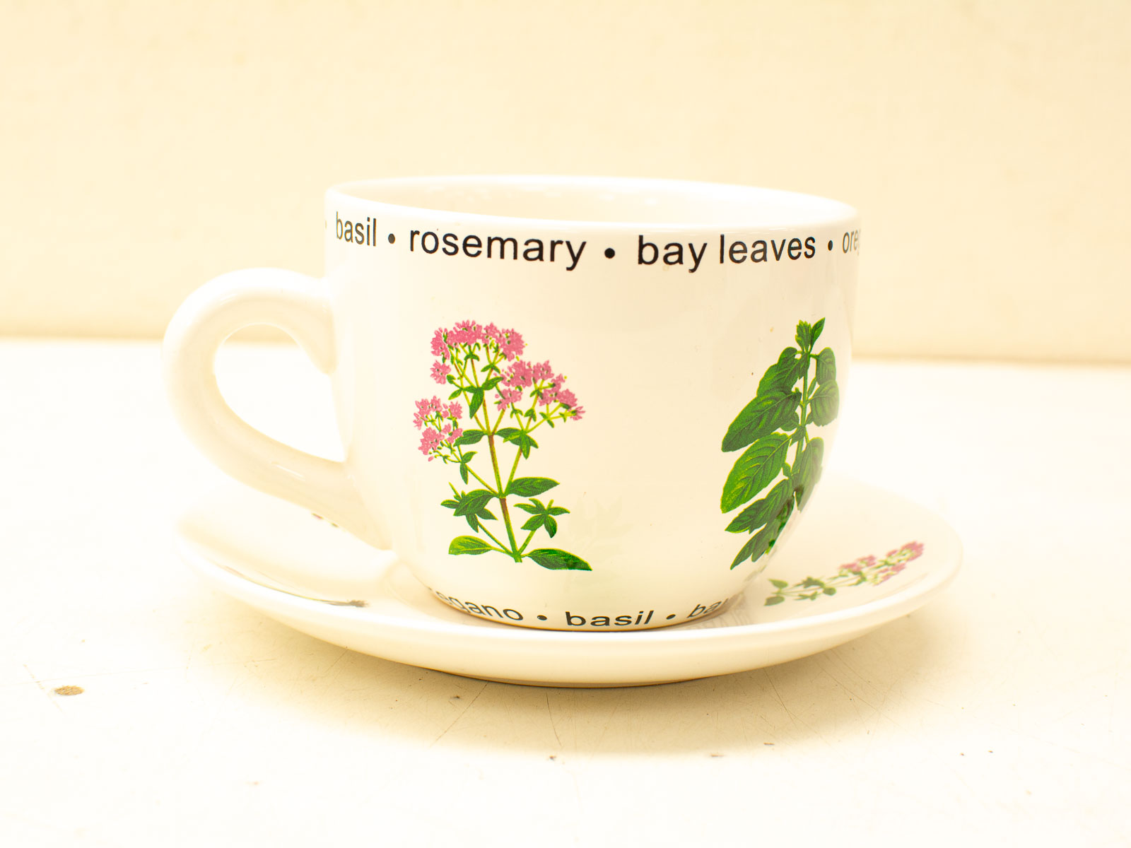 Charming ceramic cup and saucer set with vibrant herb illustrations, perfect for culinary enthusiasts.