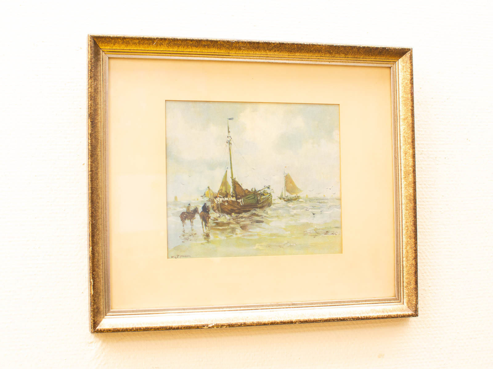 Tranquil watercolor painting of fishermen on a boat, framed elegantly for any decor.