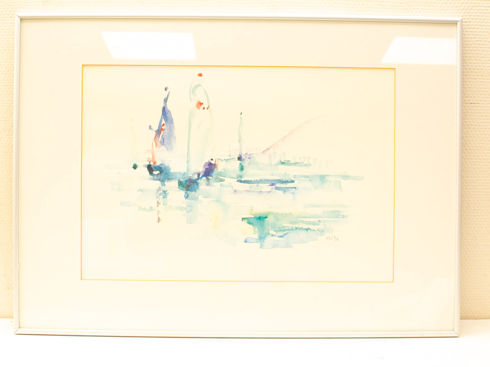 Tranquil watercolor painting of abstract boats in serene maritime colors, perfect for calming spaces.