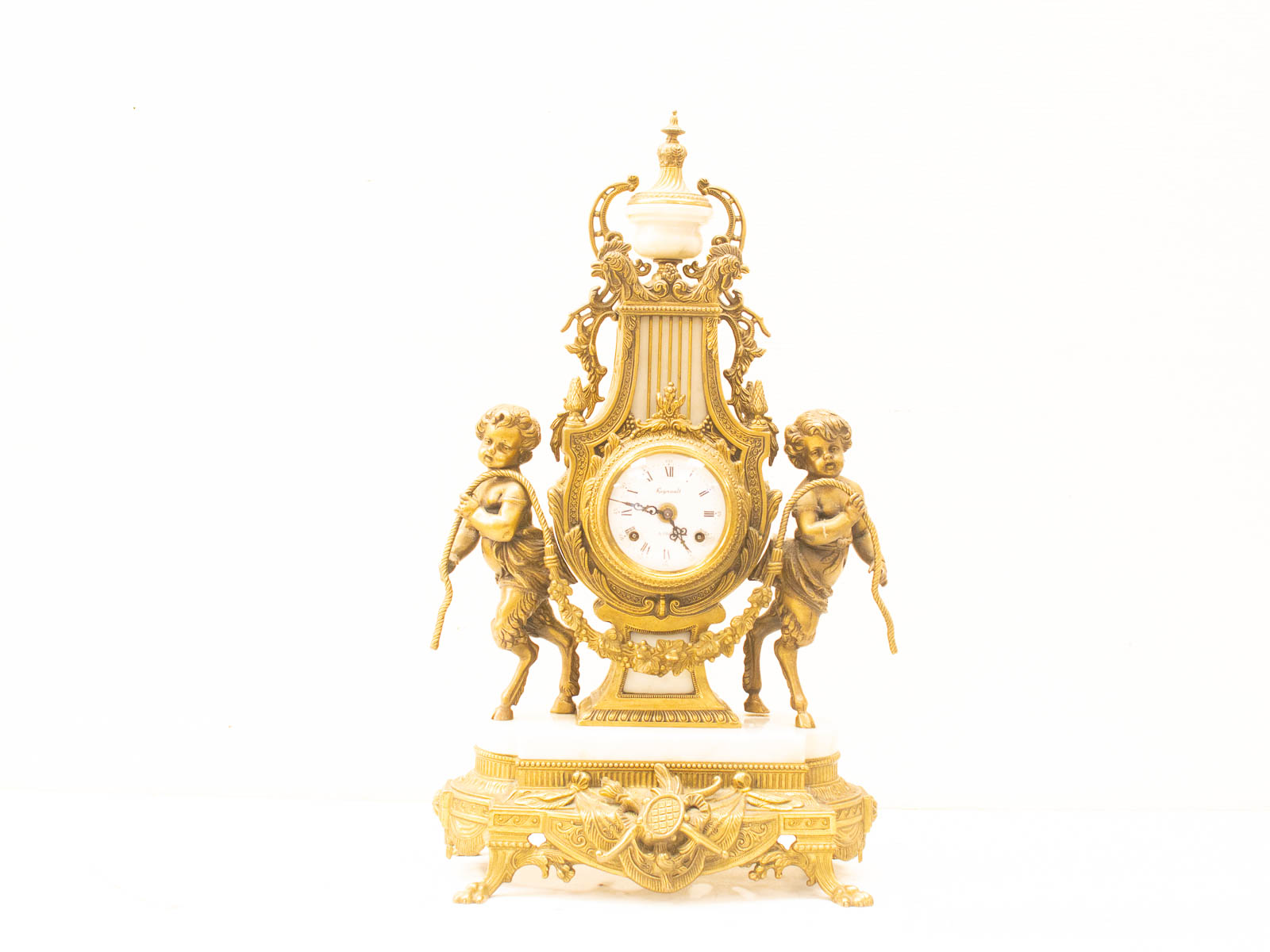 Elegant vintage clock with cherubs, gold accents, and intricate details—perfect centerpiece for any decor.