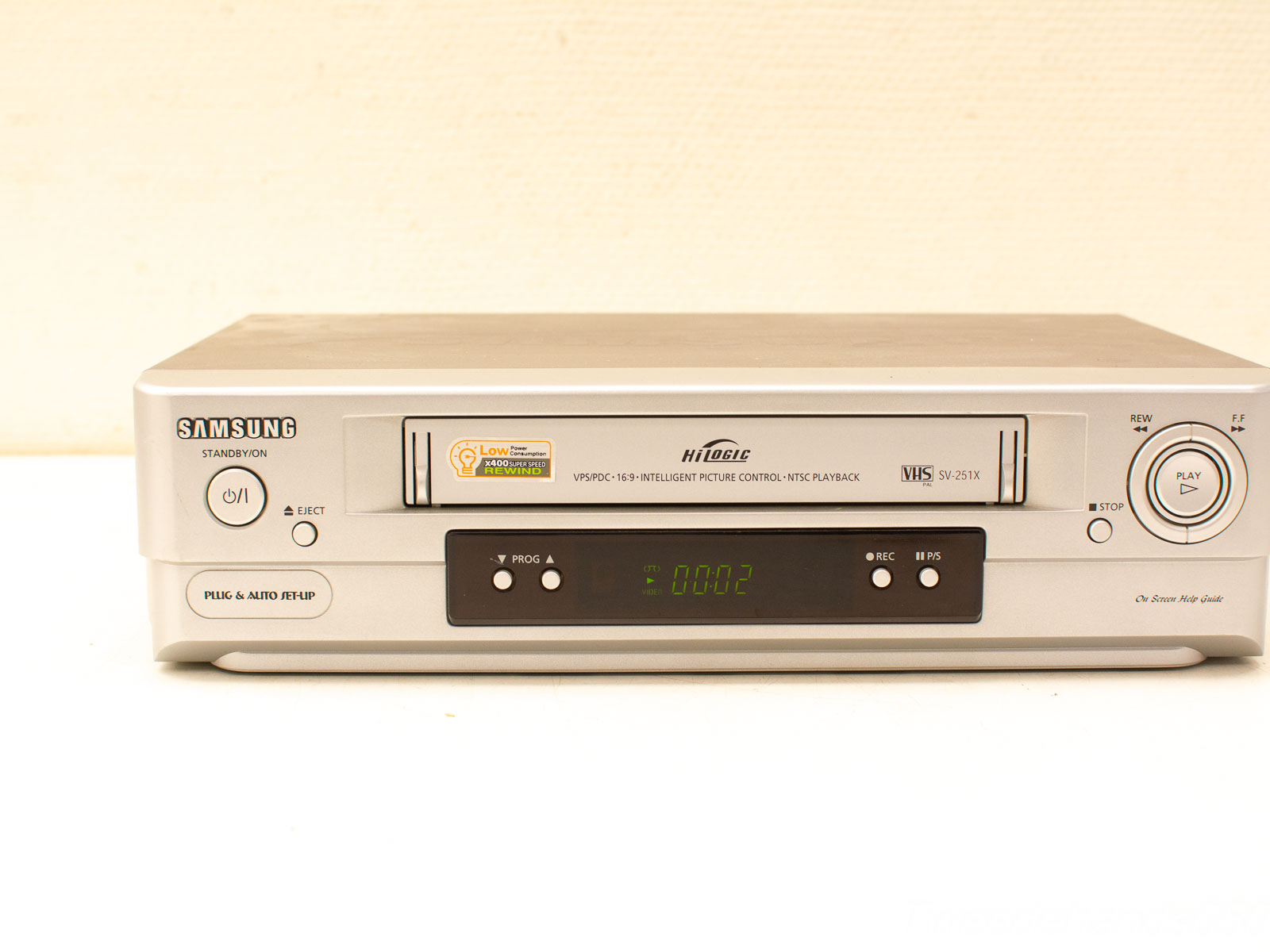 Vintage Samsung VHS Player SV-251X: A nostalgic silver device for classic film lovers.