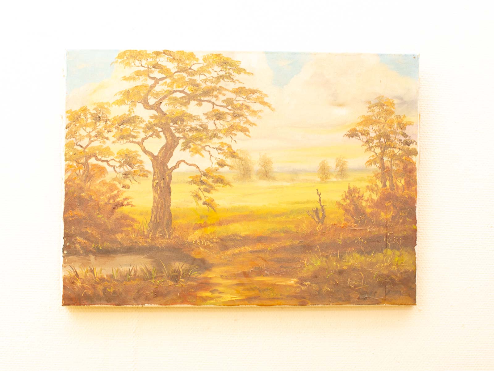 Tranquil landscape art featuring a majestic tree, winding path, and serene water reflections.