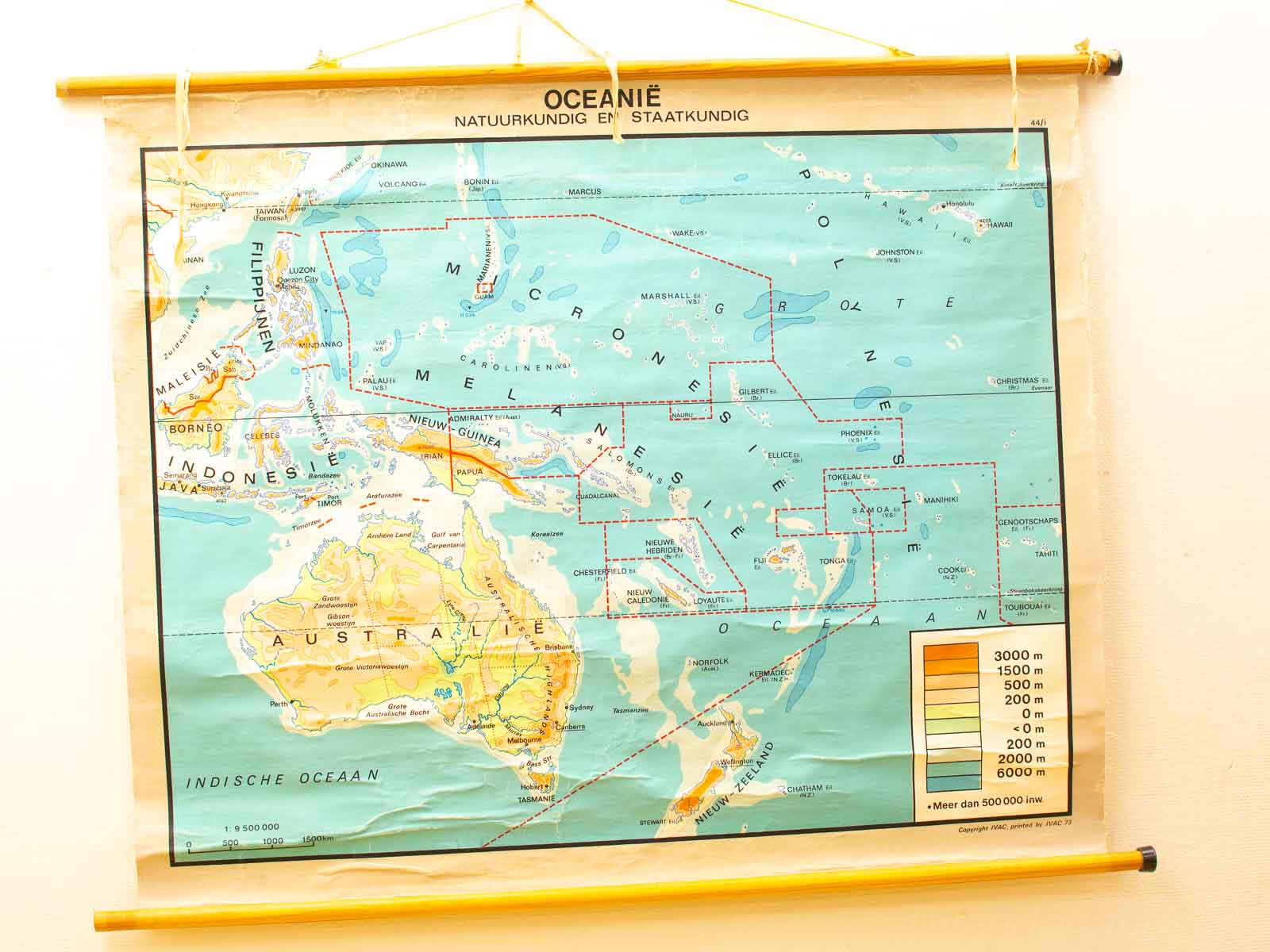 Vintage Oceania Map showcasing detailed geography and ocean depths of the Pacific region.