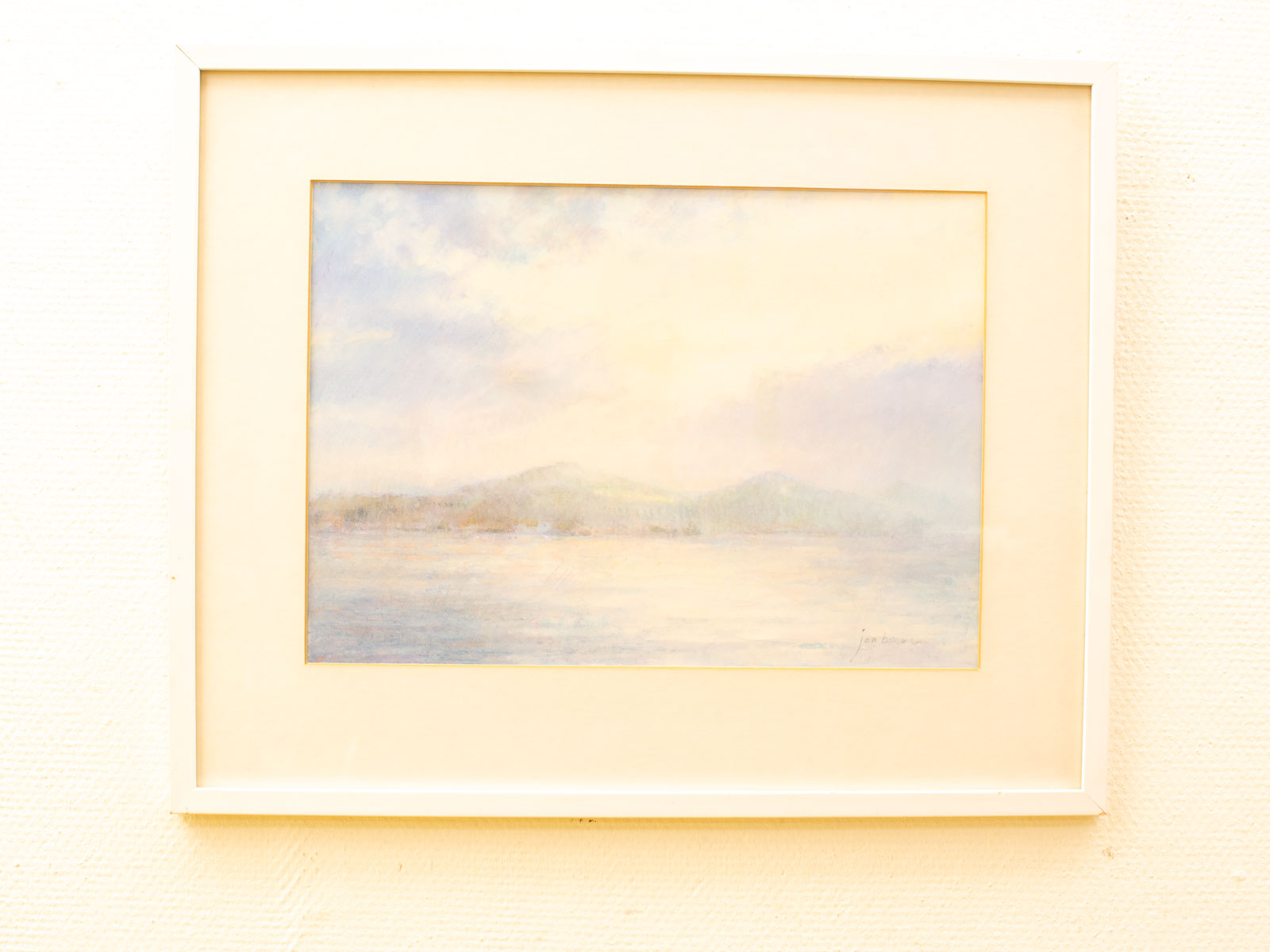 Tranquil waterside landscape painting in soft hues, evoking serenity and introspection.