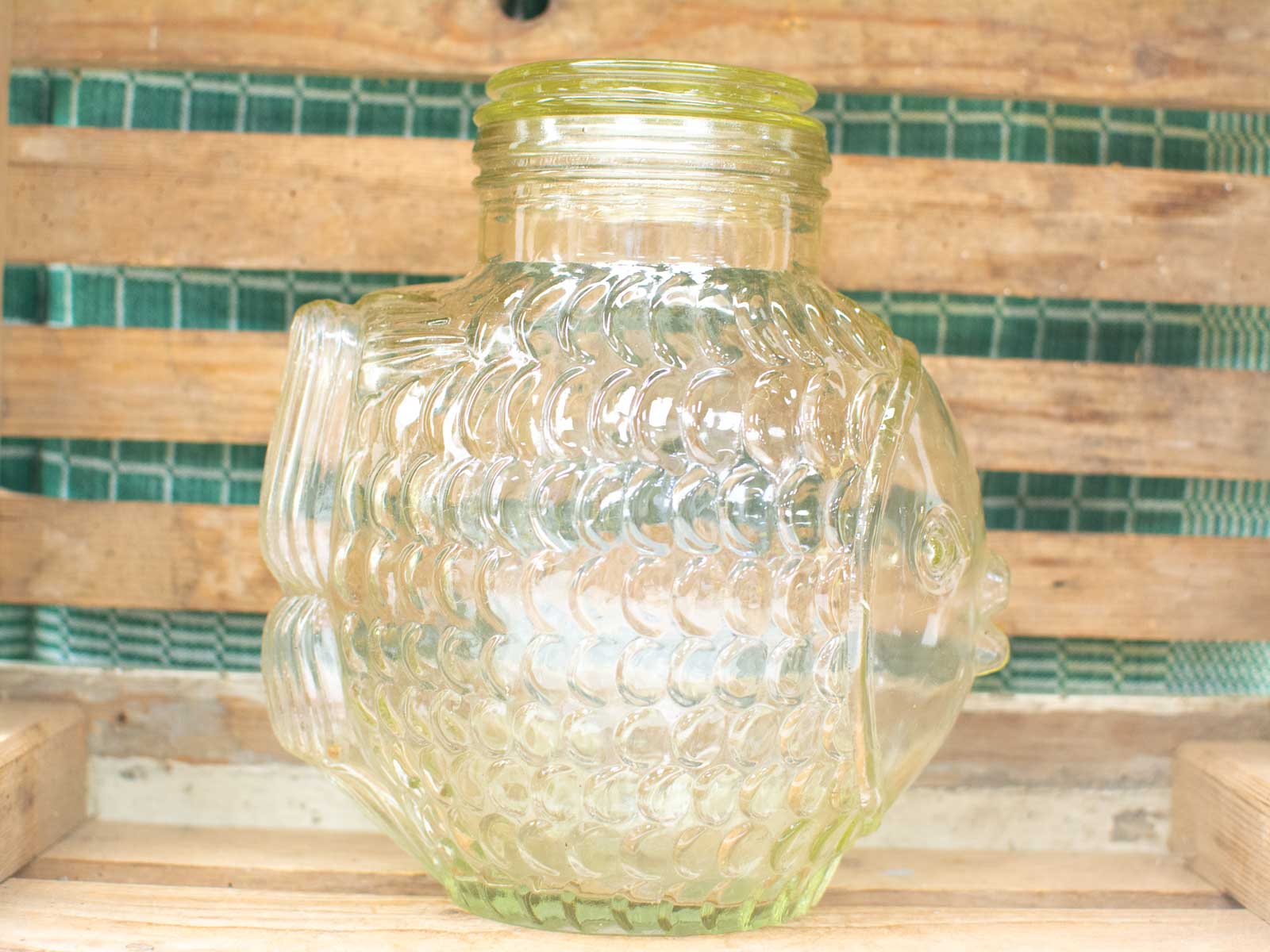 Charming vintage glass fish container with lid, perfect for decorative storage and unique displays.