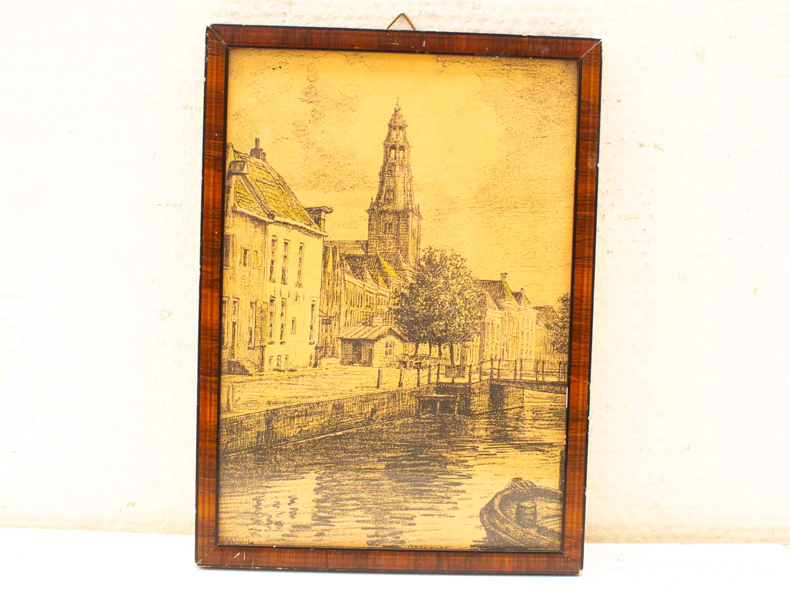 Charming vintage riverside illustration featuring serene water and historical architecture. Perfect for art lovers.