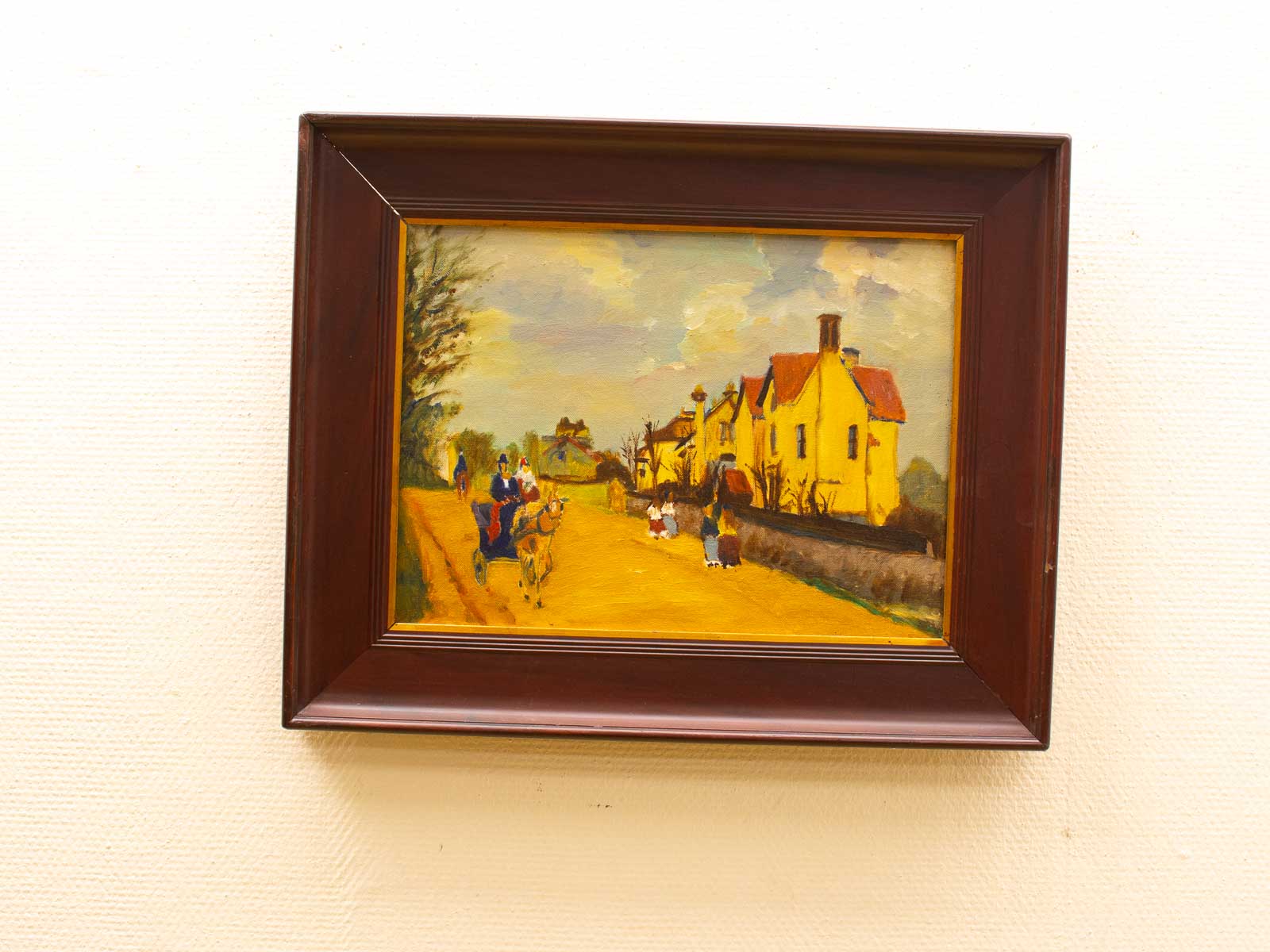 Charming rural painting with vibrant path, warm houses, and nostalgic community life.