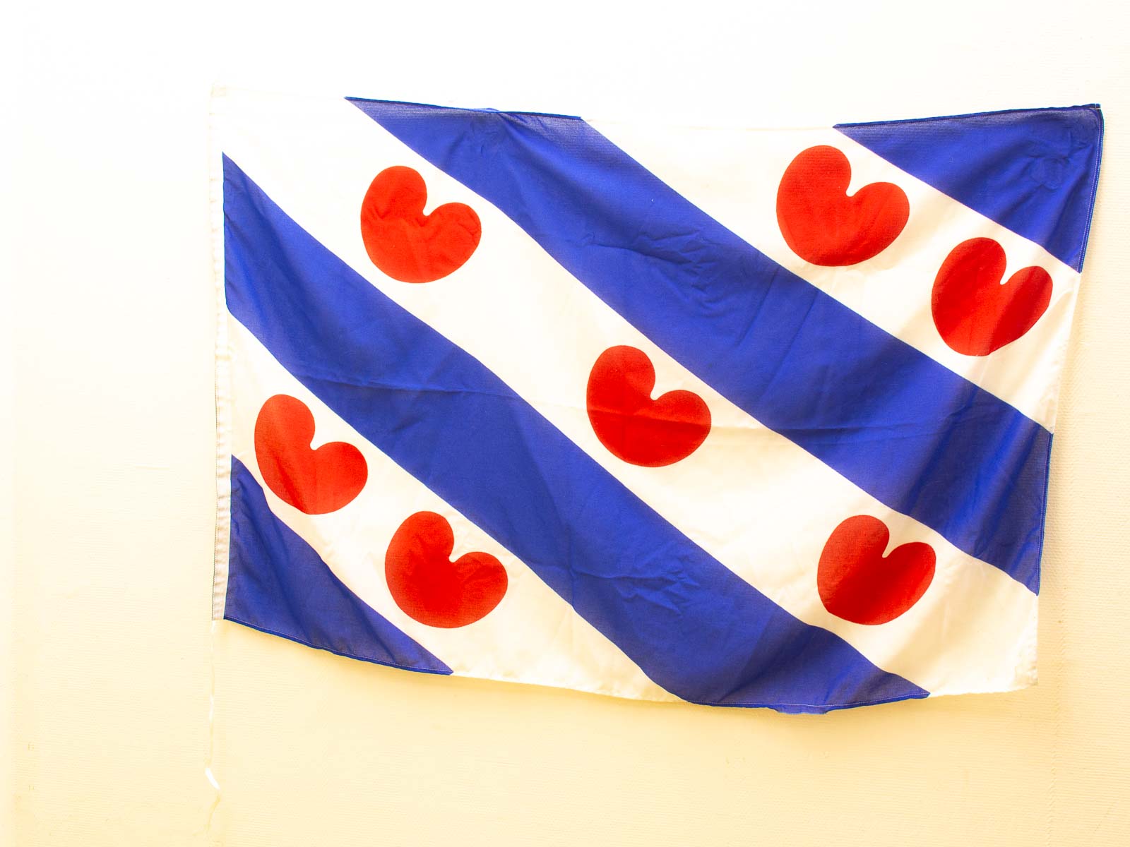 Vibrant blue and white flag featuring red hearts, symbolizing love and unity.