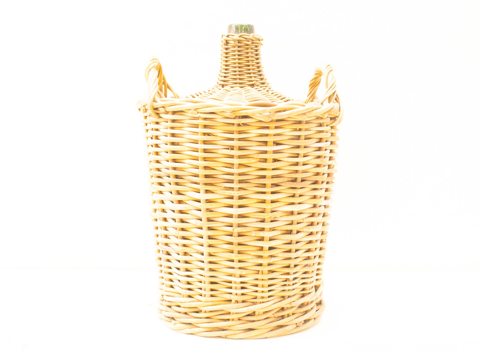 Elegant wicker basket with handles, designed for wine or oil, showcasing artisanal craftsmanship.