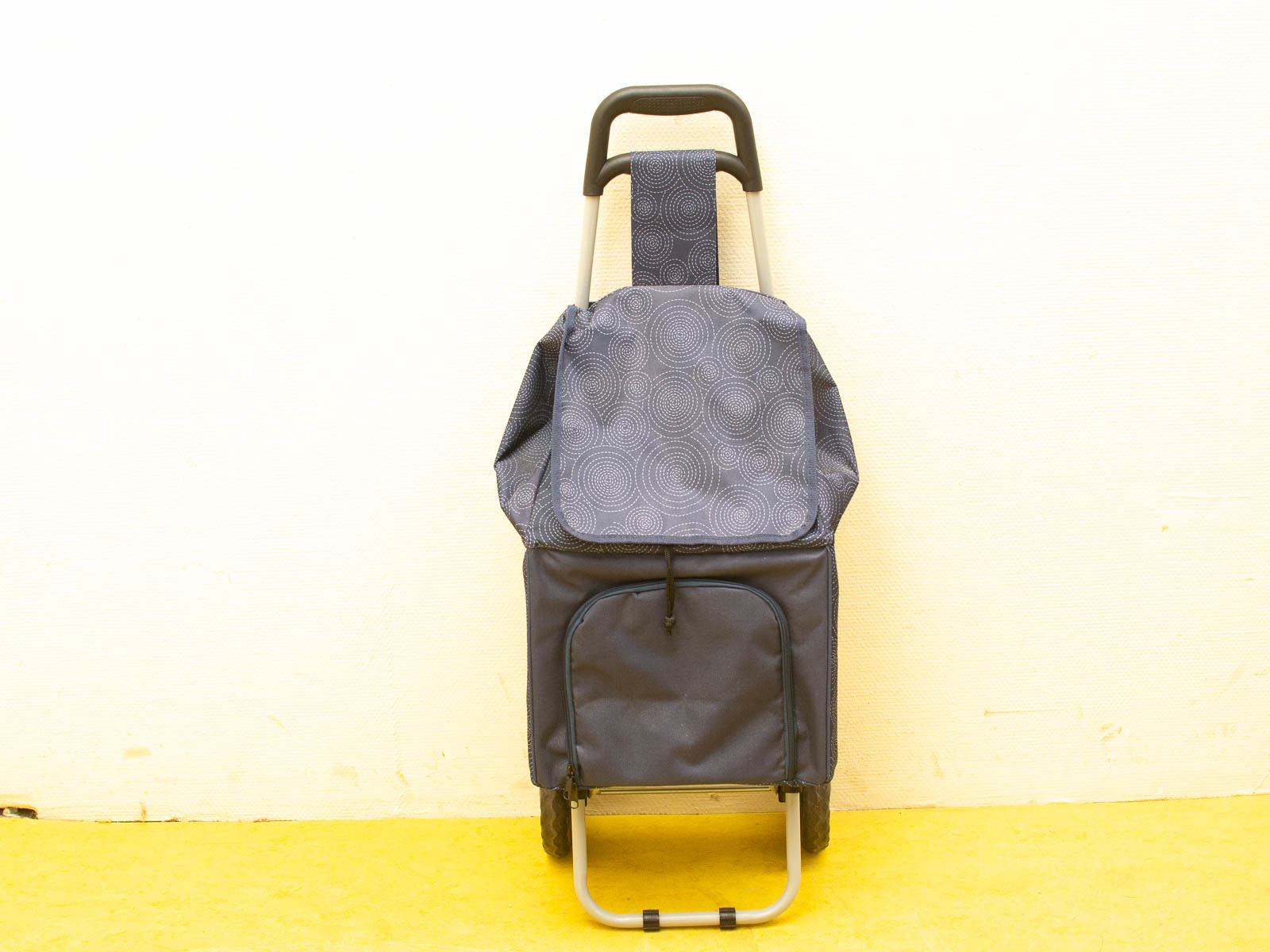 Stylish dark blue shopping cart with wheels, durable design and convenient zippered pocket for easy access.