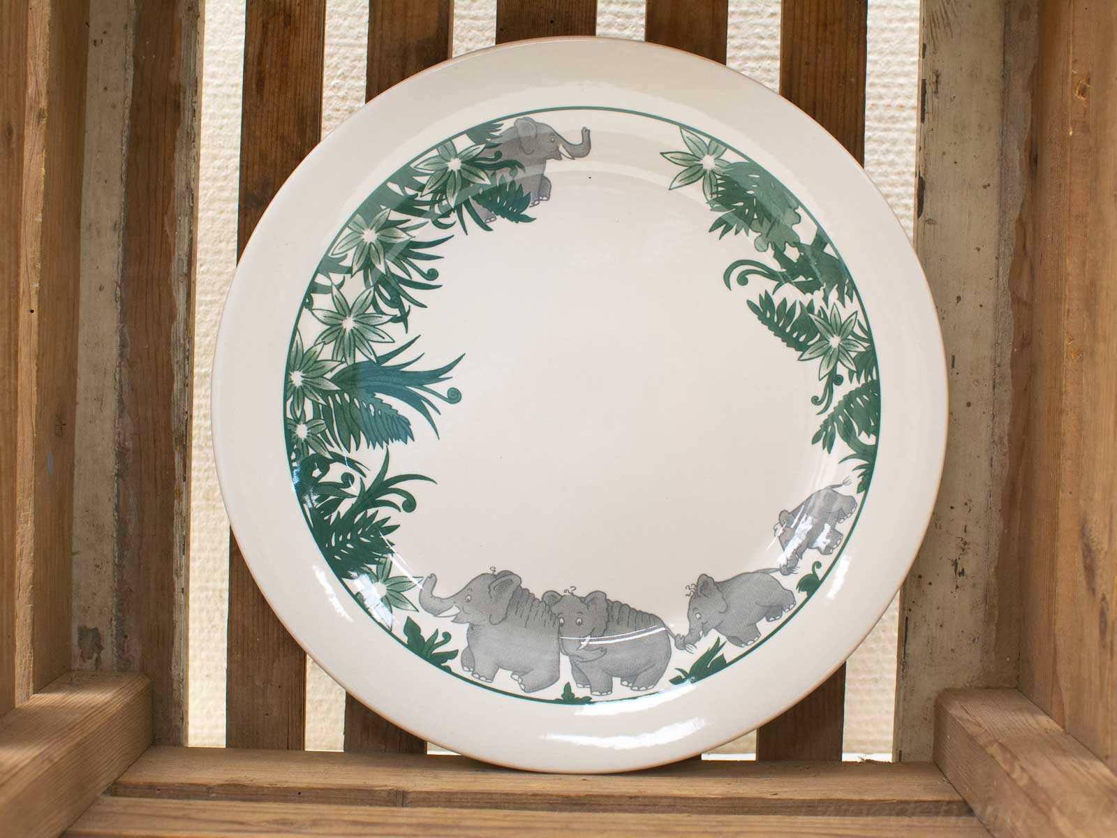 Tropical Leaf and Playful Elephant Design Plate in Rustic Wooden Crate