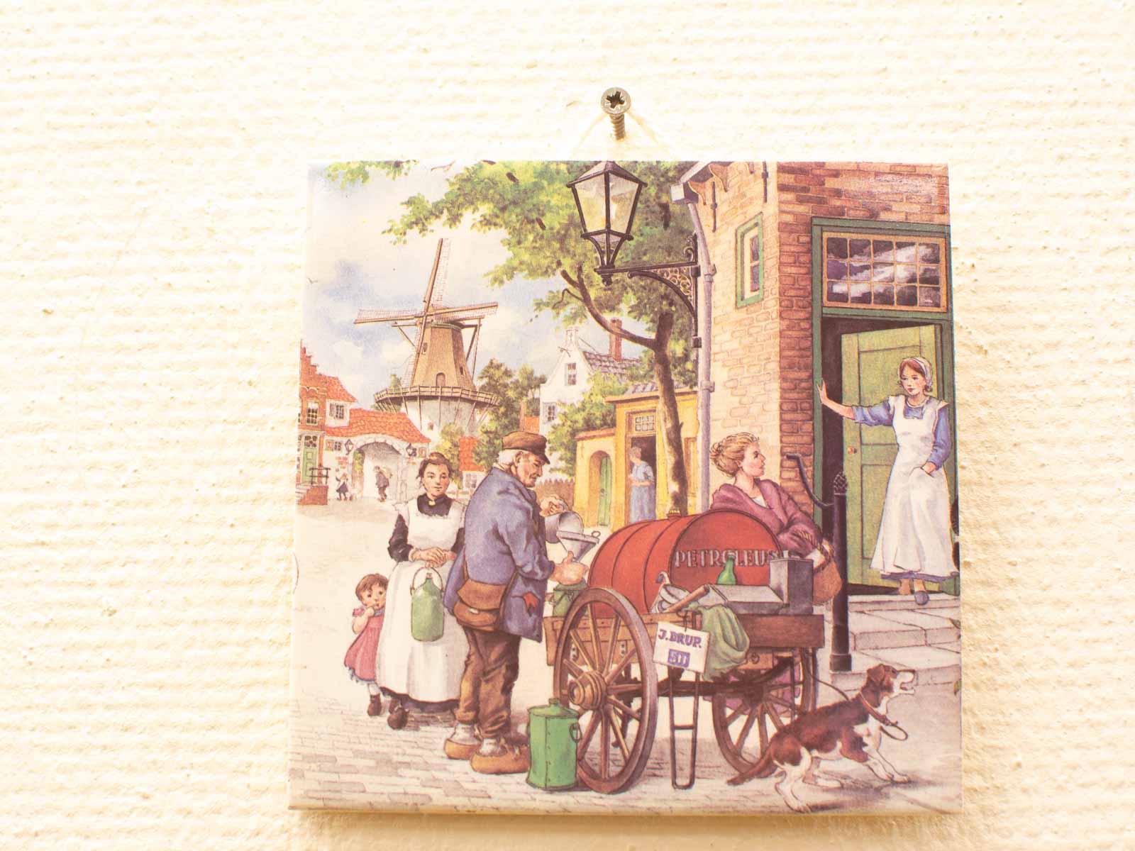 Charming village market scene with friendly villagers, a vendor, and a picturesque windmill.