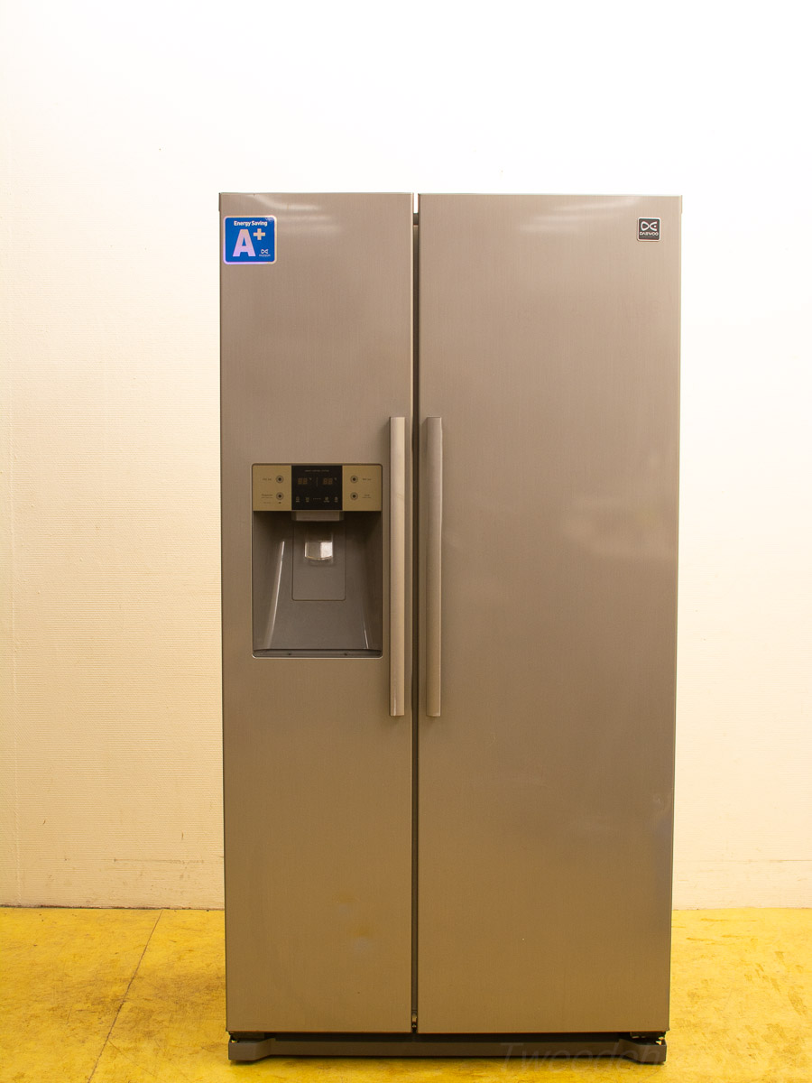 Sleek stainless steel refrigerator with double doors, A+ energy rating, and ice dispenser.