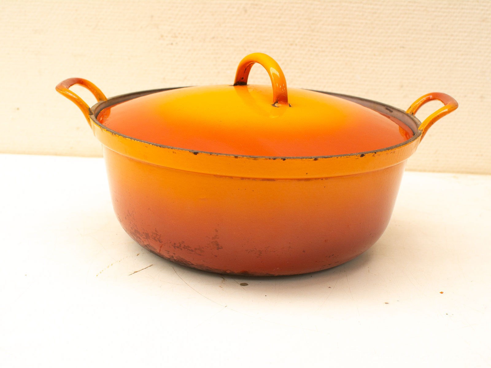 Vintage Yellow-Orange Enameled Cast Iron Pot, Perfect for Colorful and Homely Cooking Sessions