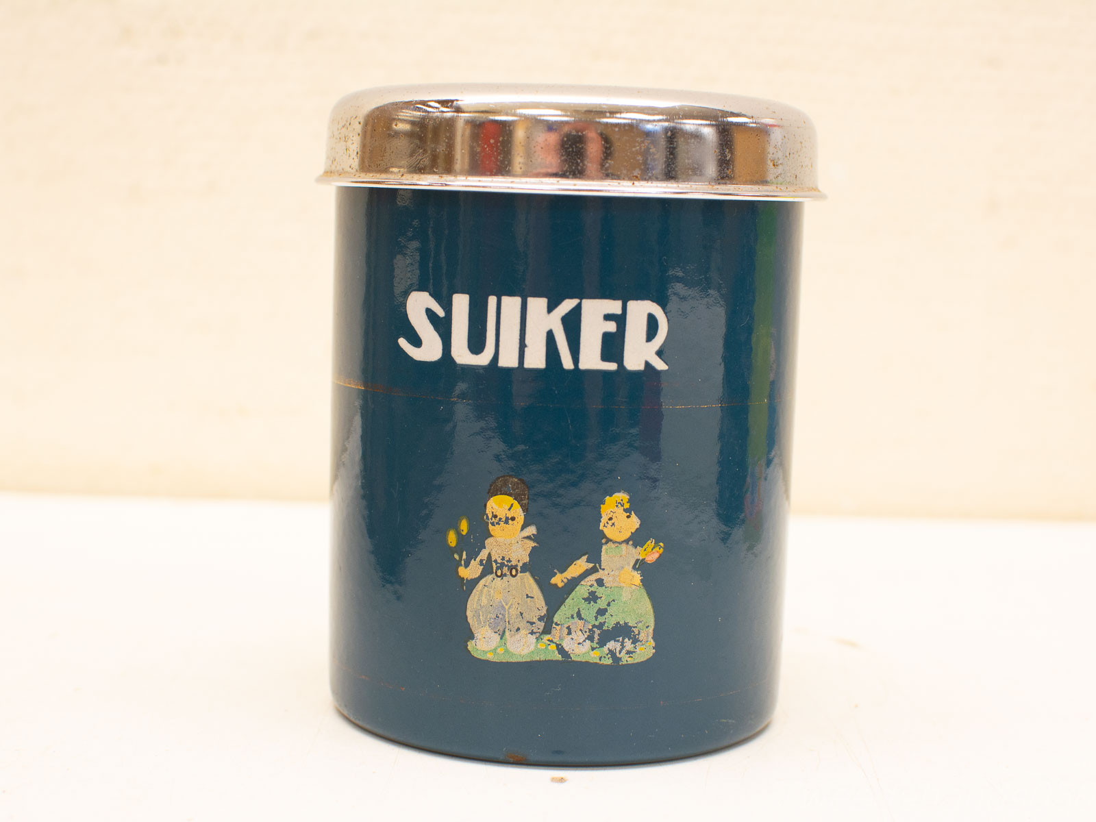 Dutch Vintage Blue Sugar Container with Folklore Illustrations, Ideal for Retro Kitchen Collectors.