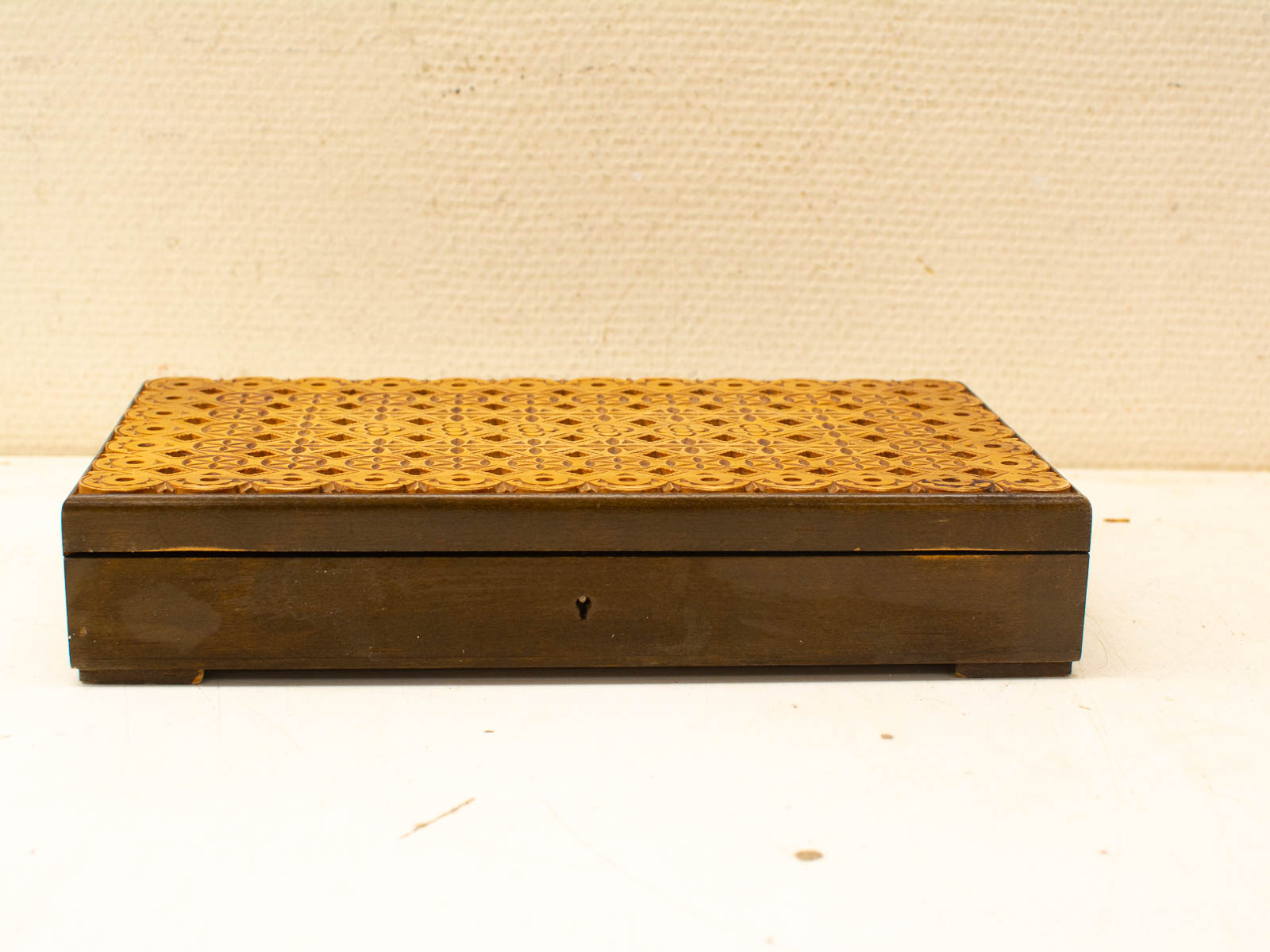 Vintage Wooden Box with Intricate Geometric Pattern, Ideal for Storing Jewelry or Small Treasures