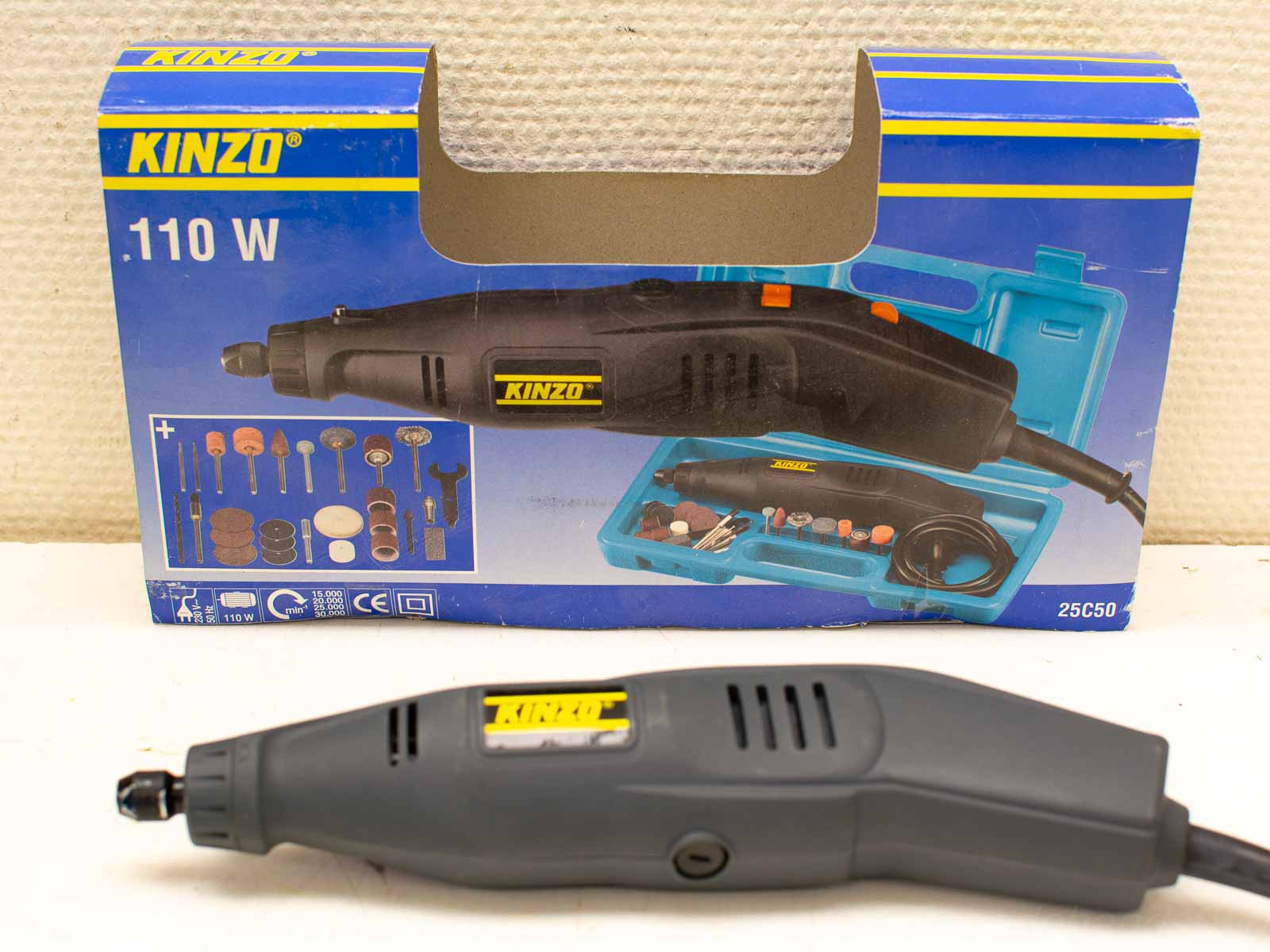 KINZO 110W compact rotary tool with accessories for versatile, precise DIY and professional tasks.