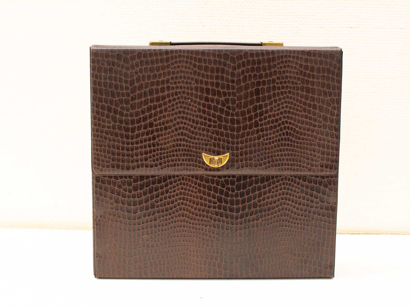 Luxurious vintage alligator print leather briefcase with gold clasp for professionals.