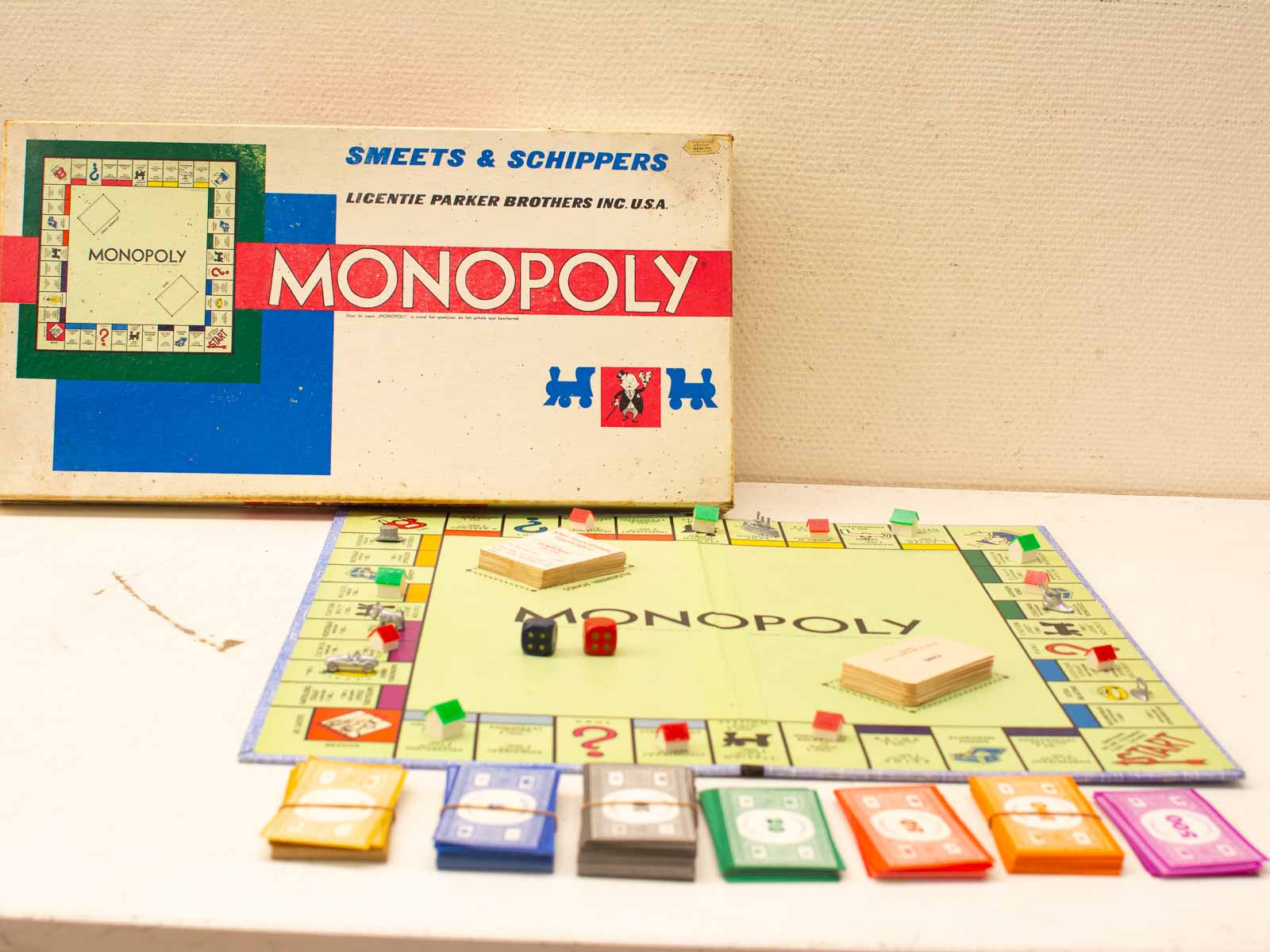 Vintage Monopoly game board and pieces, perfect for nostalgic family game nights.