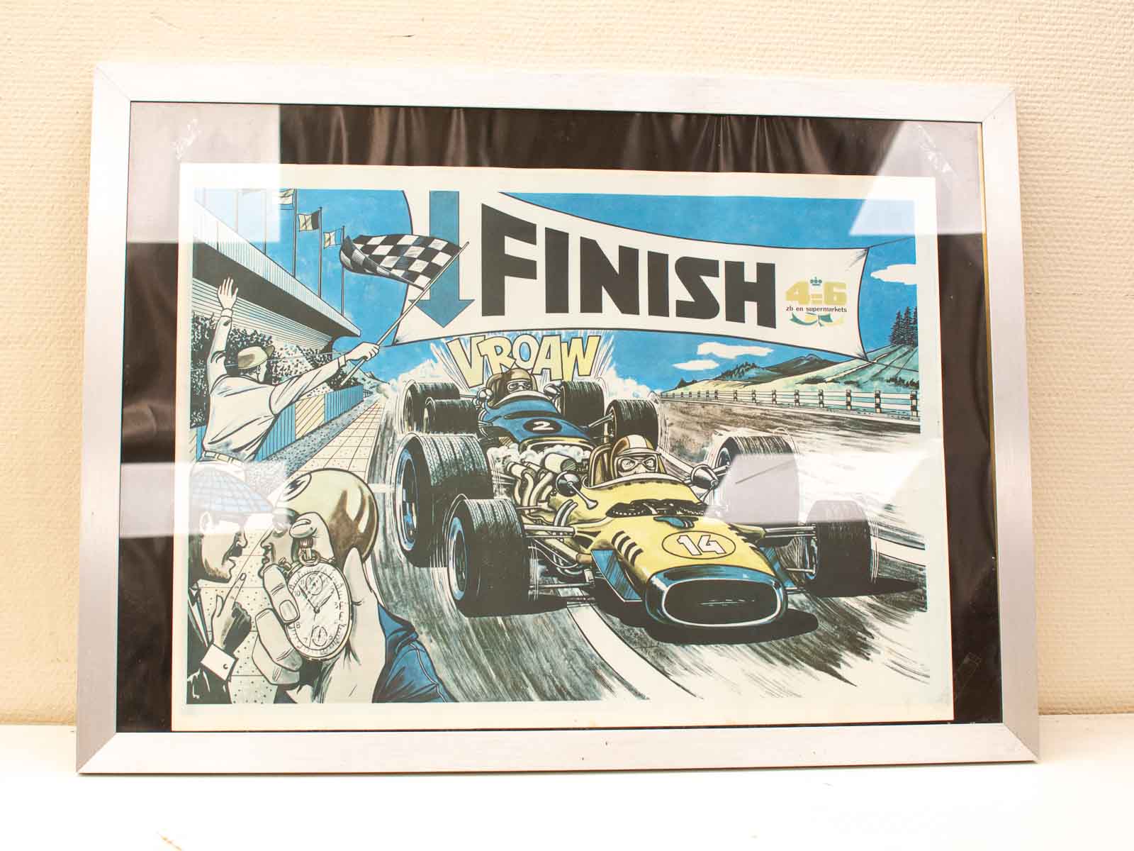 Vibrant vintage racing art featuring a yellow race car and celebrating pit crew at the finish line.