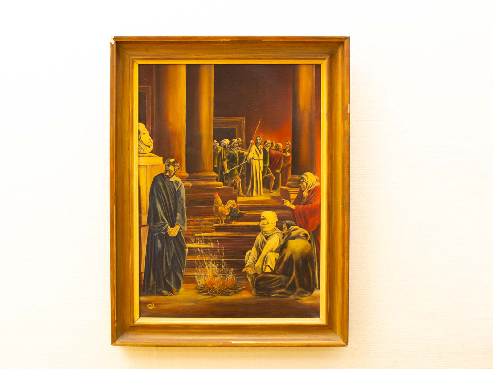 Dramatic painting of conflict in an ancient temple, featuring a solitary figure in dark robes.