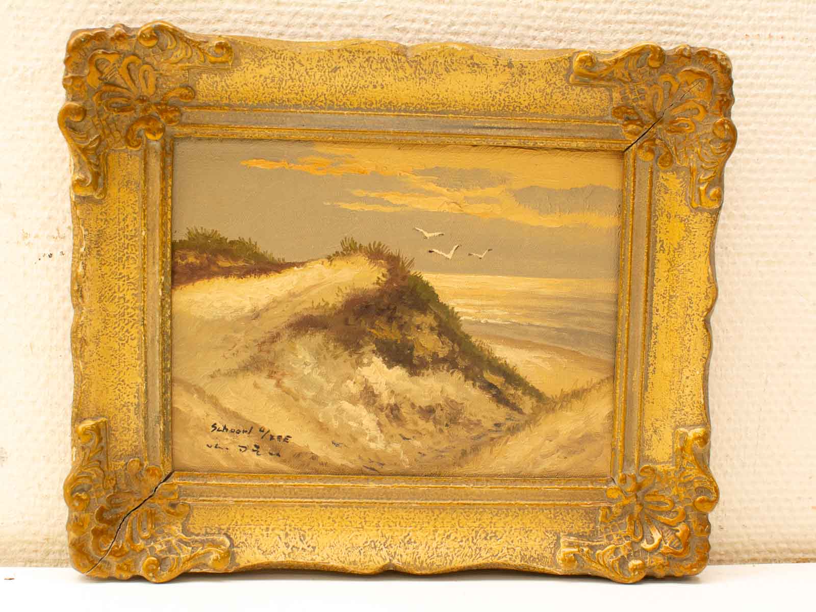 Tranquil coastal dunes painting in ornate vintage golden frame, perfect for nature lovers.