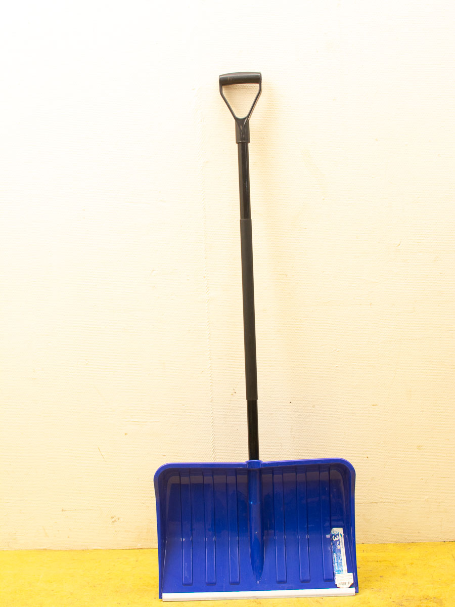 Vibrant blue snow shovel with ergonomic handle, perfect for efficient winter snow removal.