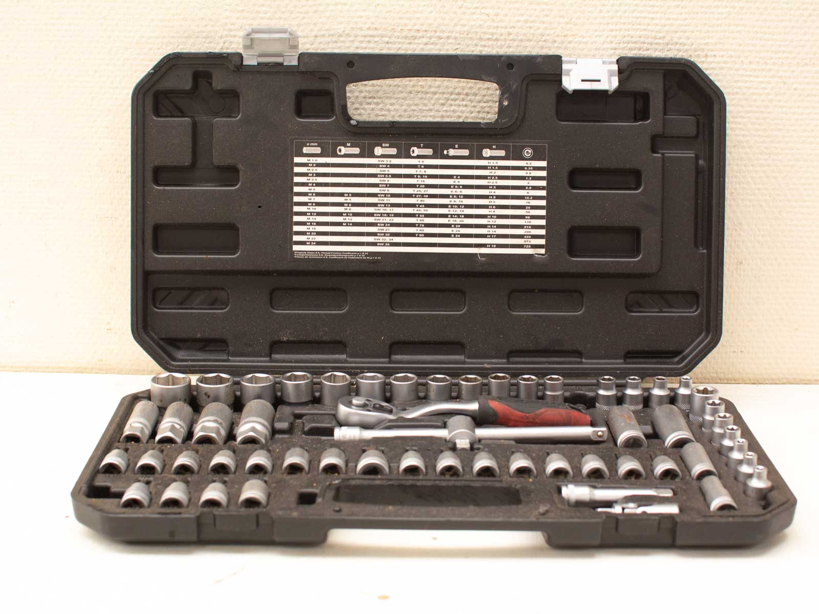 High-quality socket set with organizer, durable sockets, ratchet handle, and extensions for versatile use.