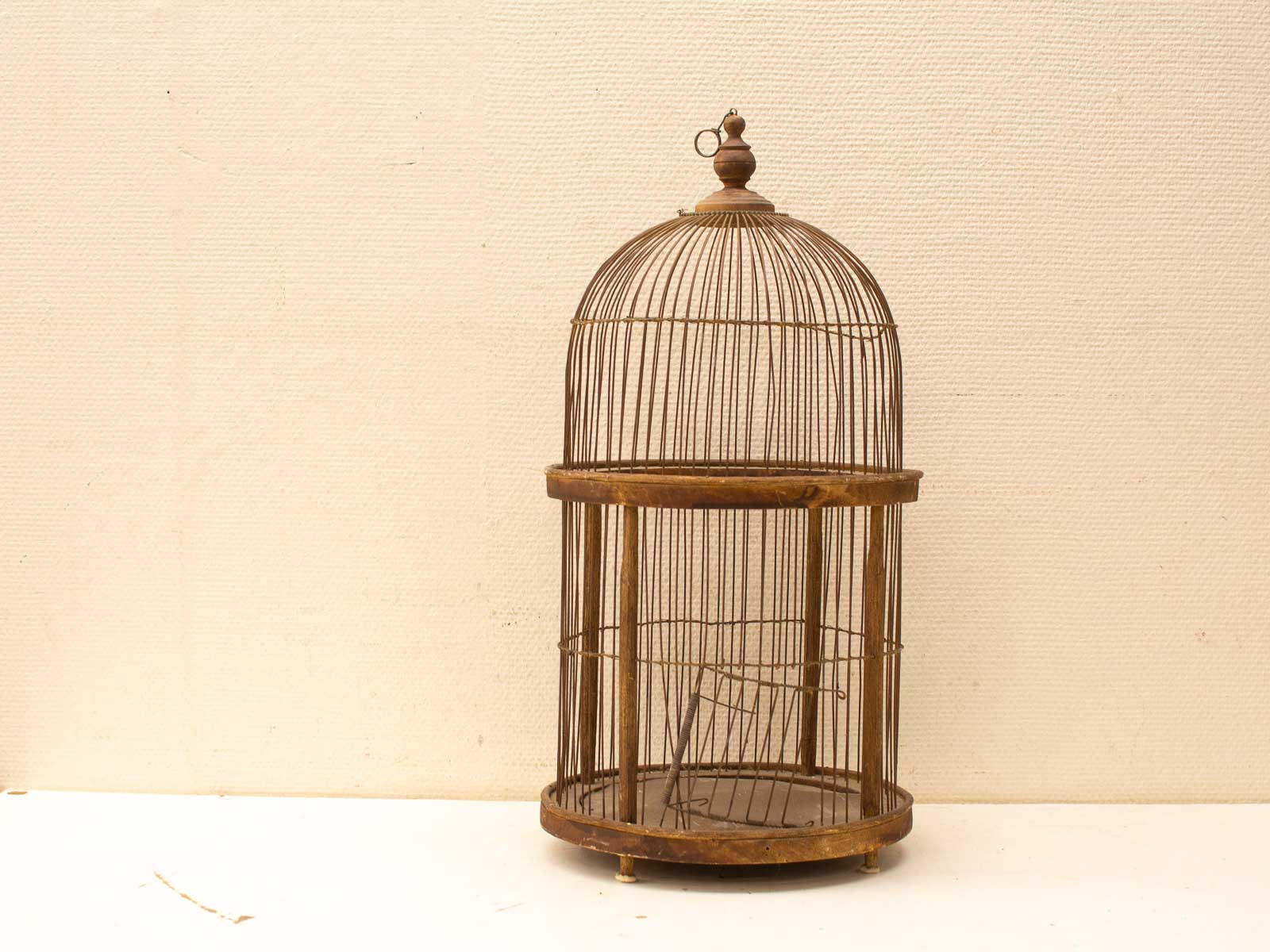 Elegant vintage birdcage with rustic wooden base, perfect for timeless home decor.