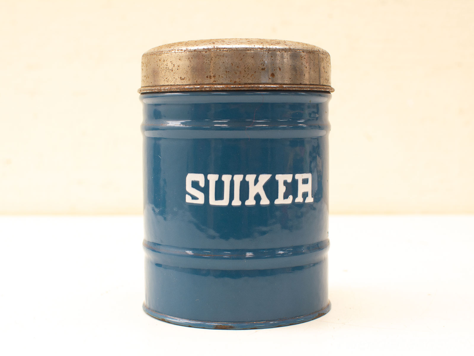 Vintage Dutch Sugar Canister in Glossy Deep Blue - Retro Kitchenware with Rustic Charm