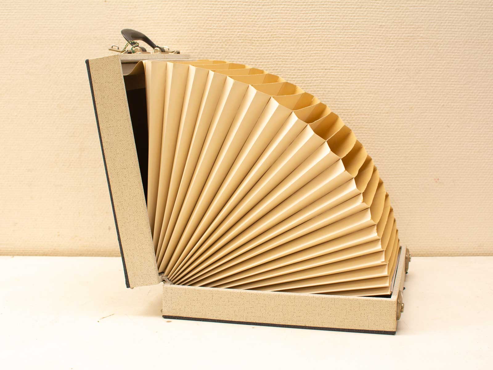 Charming vintage accordion folder in light beige, perfect for preserving treasured memories.