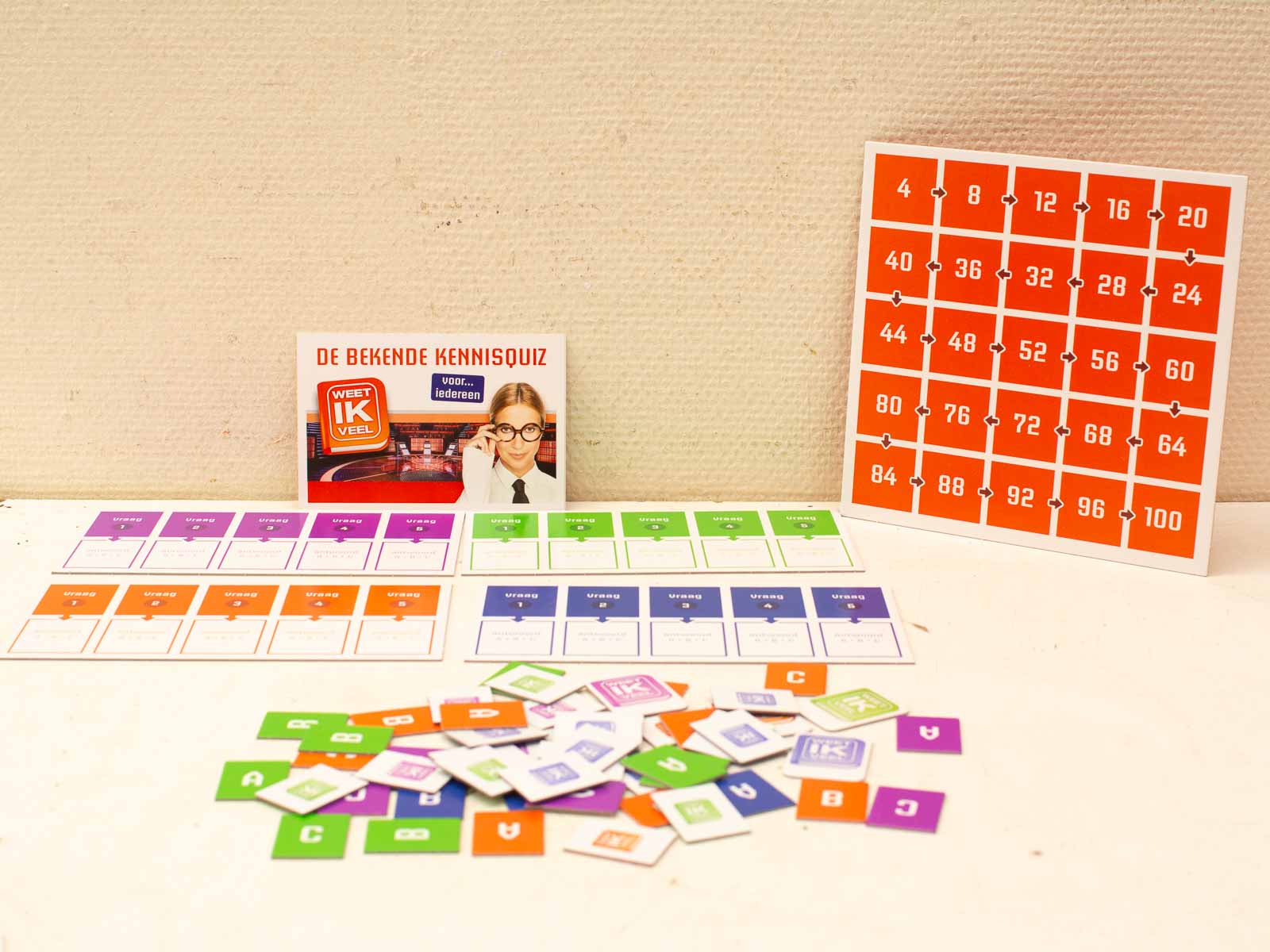 Engaging setup for Famous Knowledge Quiz Game with colorful cards and playful tokens.