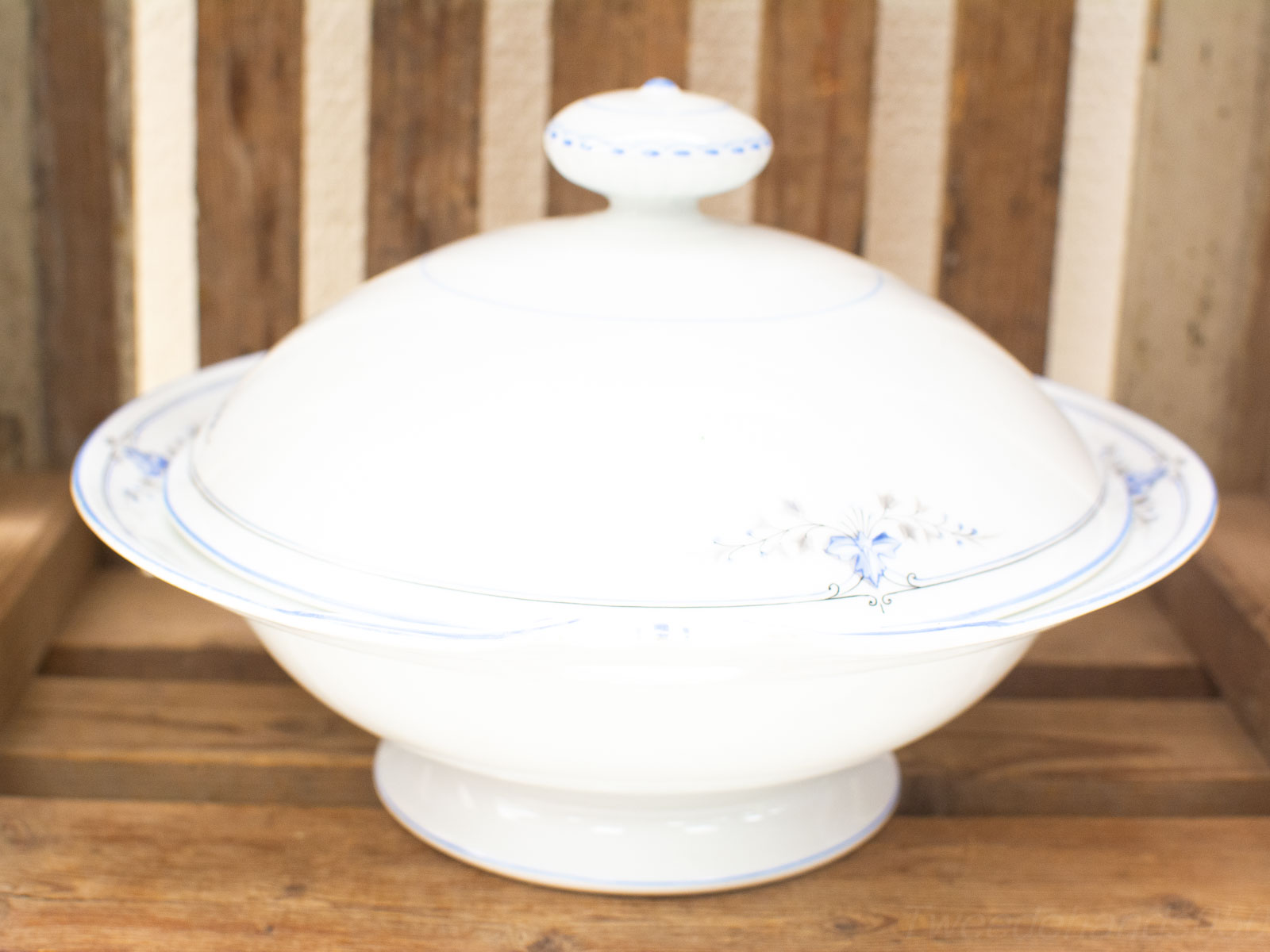 Elegant vintage porcelain tureen with intricate blue floral design, perfect for formal dining.