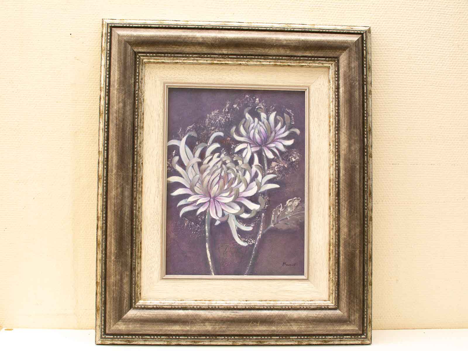 Elegant watercolor chrysanthemums in ornate gold and silver frame, enhancing any spaces tranquility.